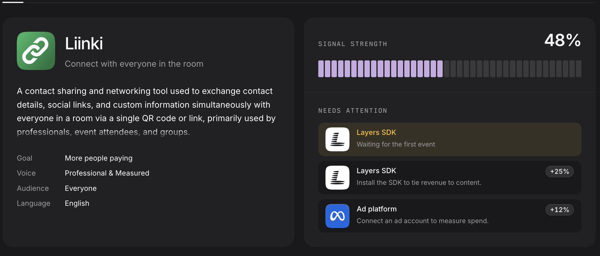 Liinki_app's tweet photo. Day 12 of 27 for https://t.co/IbkabnBBTi
Getting Liinki set up on Layers for Shipaton.

Profile is in. Signal is halfway there. Waiting on the first SDK event so posts can actually tie back to what brings people in.

#Shipaton #BuildInPublic https://t.co/cLfdJJ555R