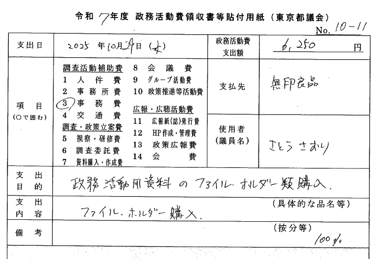 tkmc578540's tweet photo. 【さとさおり都議の政務活動費収支報告書】の疑問と仮説

皆さんご存知のとおり、さとうさおり都議の報告書に添付されているのは「デビットカードの銀行口座記帳」が殆どです。領収書や支払い明細の提出がありません。
実際に記入した内容と異なるものを購入していたり、そもそも使っていないかもしれません。通帳のコピーですので数字の改竄も平易に行えます。

■疑問
10月29日㈬の無印良品への支払い以降、領収書・明細の添付が全くありません。このタイミングでなにがあったのか。
ちょうど3日前の10月26日㈰、今回の騒動で話題になった都政報告会が行われています。本来はこの10月の収支報告書に載せる予定だった会場費用が、さとう氏が都議会に折れる形で未記載となったタイミングです

■仮説
高額の会場費に政務活動費に計上できなくなったため、別の費用・名目で充当しようと考えたと推察します。

急な挿げ替えのため、それに充当できる領収書がもう手元にない
→であればデビットカードの口座記帳だけを添付しよう→
再び領収書を添付してしまうと疑われてしまうので、以降も継続して領収書はつけないでおこう

こういう経緯ではないでしょうか⋯。