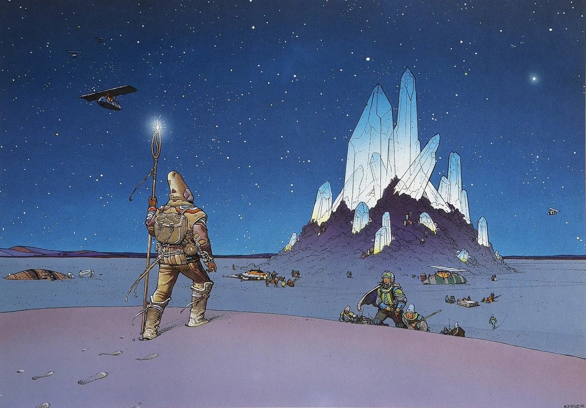 Truegreen7's tweet photo. It's pretty obvious that the flat, yet colorful, post-apocalyptic art style of Avatar: Seven Havens is heavily inspired by Moebius' art (one of the most influential modern cartoonists/artists) and I think that's pretty neat. (From the backgrounds to the character designs) https://t.co/YcK6QAHVIq