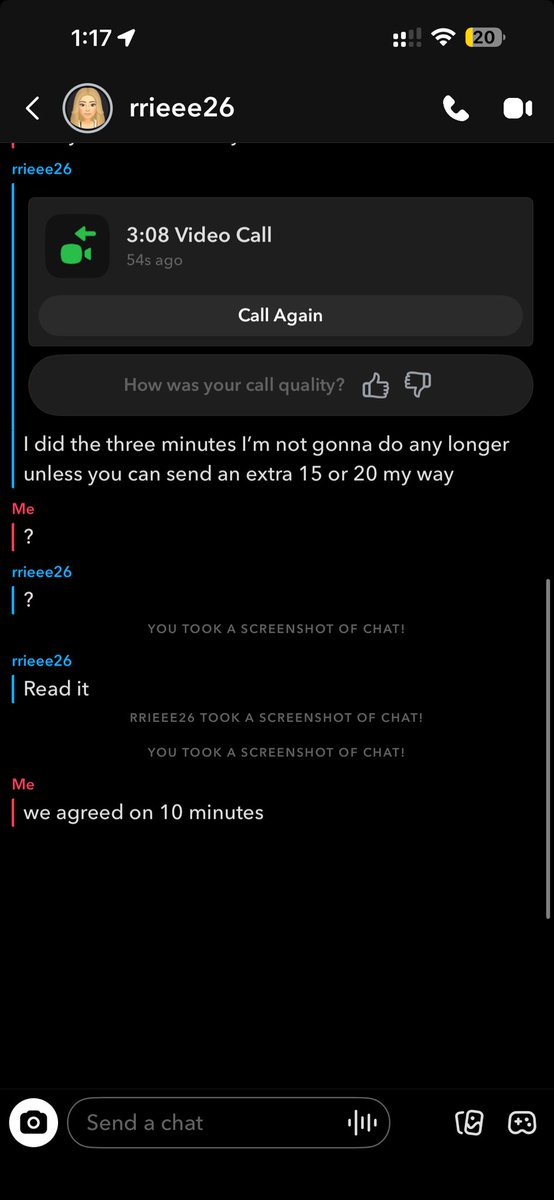 KD1Himself's tweet photo. another scammer @Barbieeeecherry we agreed on 10 minutes and she hung up after 3 minutes asking for more money fuck this shit #buyingcontent https://t.co/T1WXhnKytw