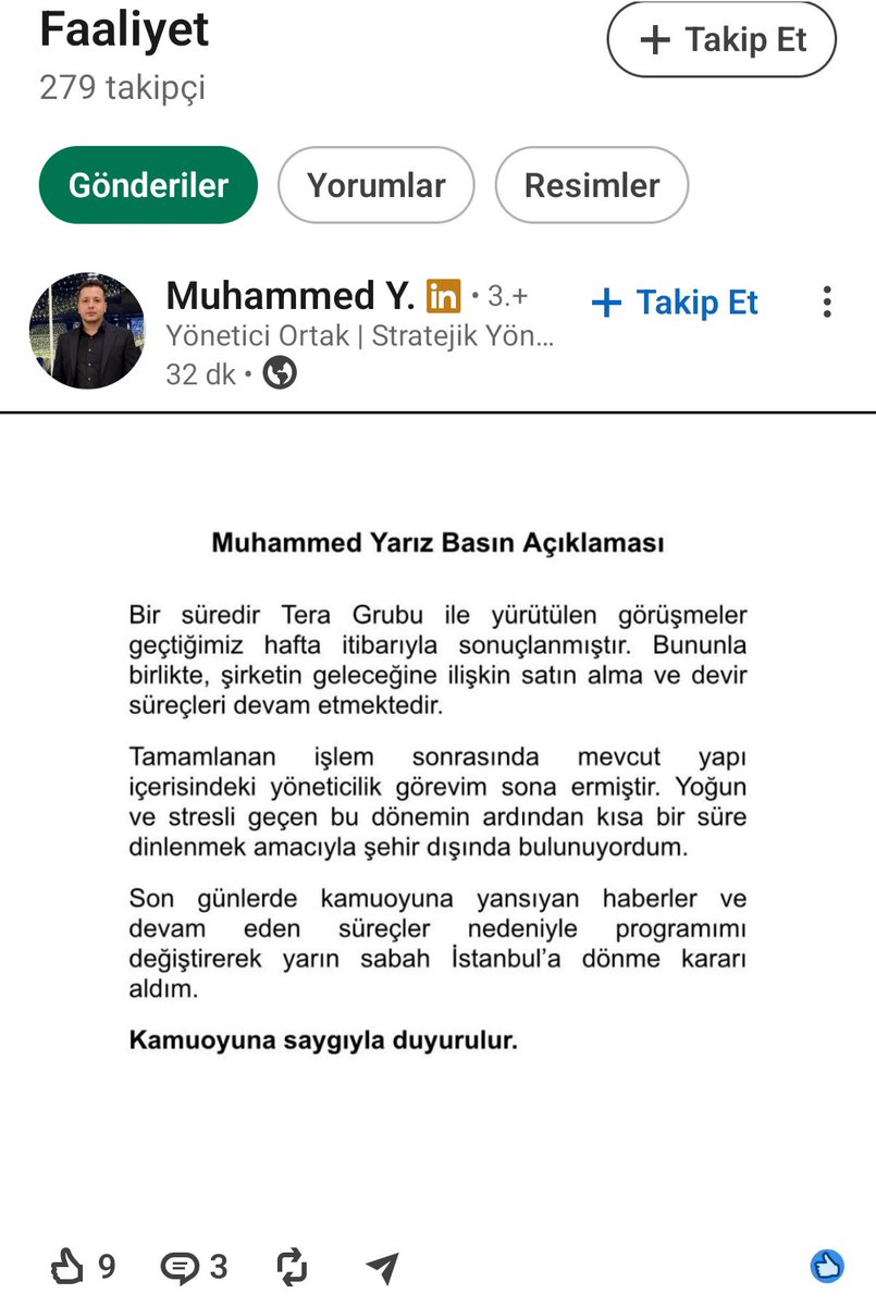 PoetCemal's tweet photo. #Pusula Portföy YK Başkanı Muhammed Yarız, 2026 Ocak ayında  Pusula Portföy YK üyesi oldum diye LinkedIn'de paylaşım yapmış.

Bugünkü paylaşımda görevim bitti, çünkü şirketi #Tera alacak demiş.
Yarın sabah İstanbul'a dönüyorum demiş. Yurt dışı yerine şehir dışı ibaresini kullanmış.
#Ktlev #PHE #PBR