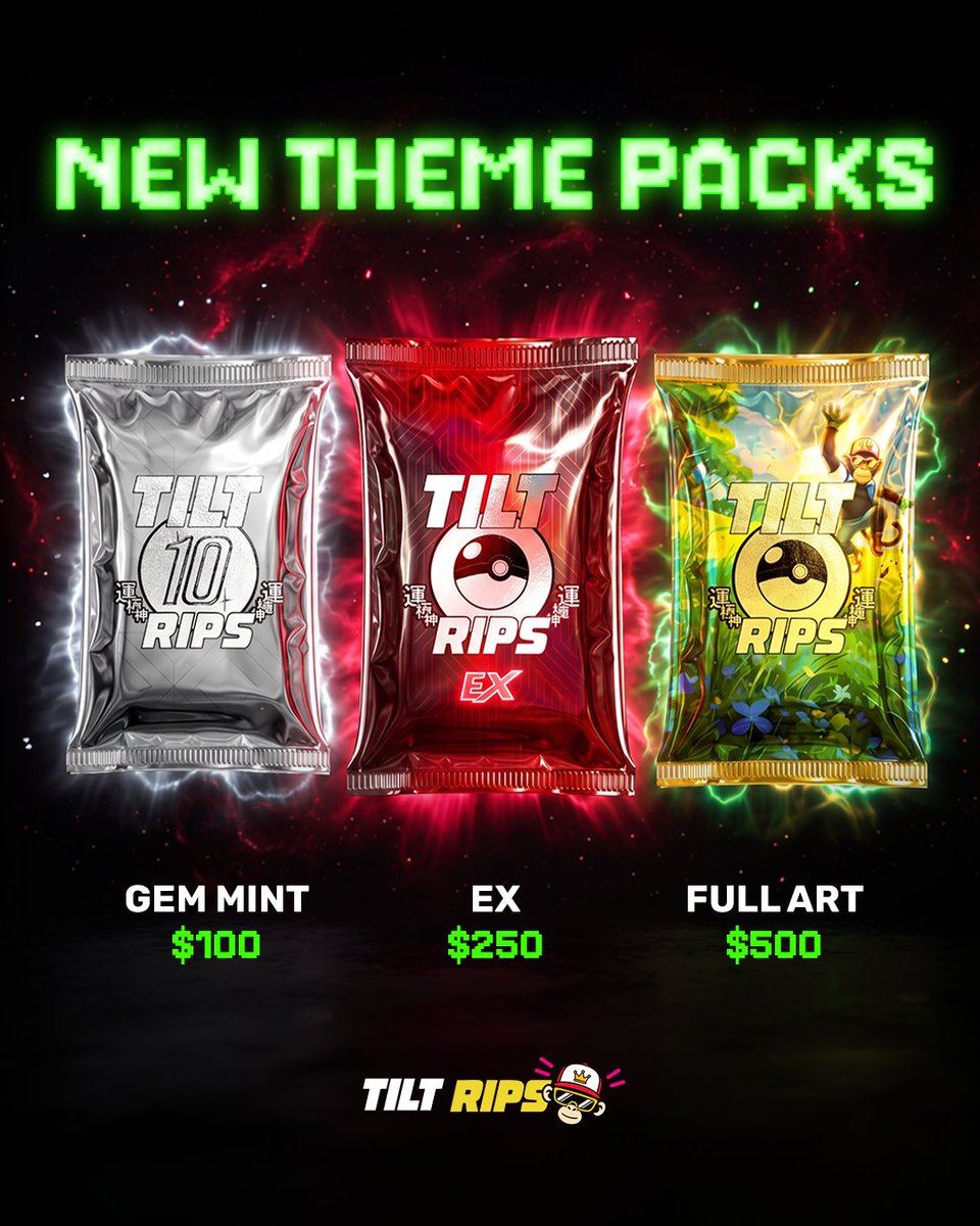 TiltRips's tweet photo. Our new Pokémon theme packs are live!

You can now chase Gem Mints, ex cards, and Full Arts from our dedicated packs ✨

PS, there's a huge selection of vintage cards to pull 👀 https://t.co/90MhD2cp3x