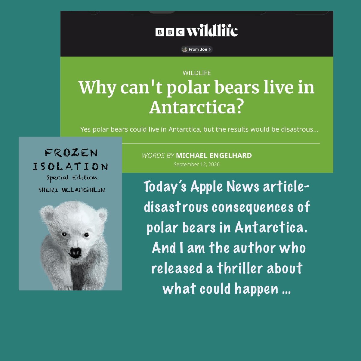 SheriG42's tweet photo. Today’s Apple News article comes after I released my polar bear thriller depicting a similar scenario…
#FrozenIsolation #AppleNewsPolarBearsAntarctica
Read my book- Amazon: https://t.co/fCTecGdsH3 https://t.co/ATPtd66EHF