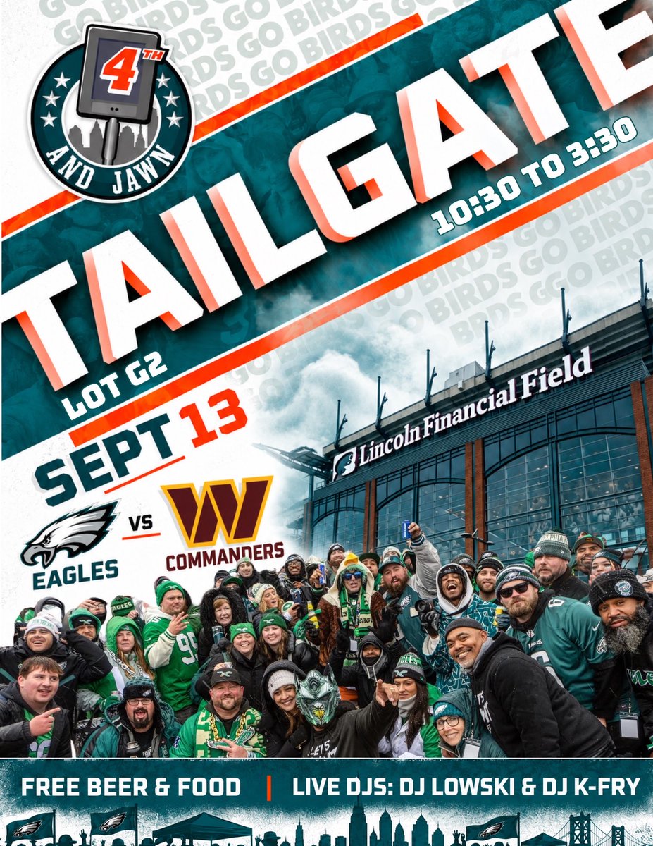 4thandJawn's tweet photo. #4thandjawn #Eagles #Commanders TAILGATE 
• FREE to attend…FREE Food and drink! 
(Bring whatever you like)

• Lot G2
• Beer provided by @budlight and @fathersbrewing
•Hard Tea and Hard Soda by @drinkcrooked
• Cheesesteaks by Evan Hearn
•Pulled Pork by The.Smoke.N.Son 
• Pizza by Francello’s Pizzeria & Ristorante
•Steaks provided by Cifelli’s Pizza 
•Pretzels by Philly Pretzel Factory @PPFLANGHORNE 
•Cookies by @cleericottacookieking
•Giveaways by @fanatics and @thekraftyjawn

👉*While supplies last* 

🎶by DJ Lowski @onlylowski Sixers dj @djkfry and sixers drummer @encl.215 joining in 

Free to attend. Bring the Eagles vibes!

#4thandjawn #eagles #flyeaglesfly