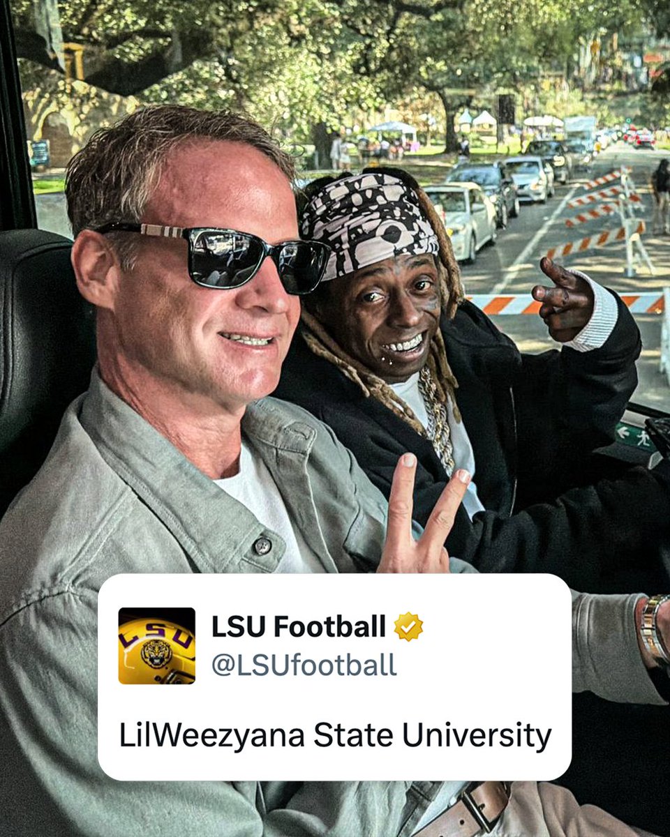 ESPNCFB's tweet photo. LANE PULLED UP TO THE STADIUM WITH LIL WAYNE 🔥🔥

(📸 @LSUfootball) https://t.co/3w3CZFSXsQ