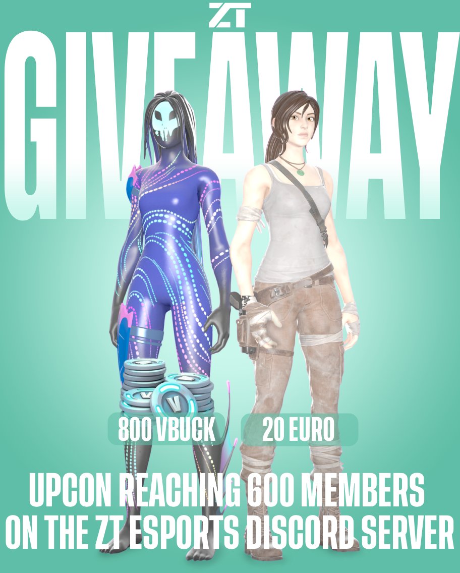 ZTEsportsDE's tweet photo. ZT ESPORTS GIVEAWAY!
2 prizes • 2 winners  
• 20€  
• 800 V-Bucks  

Enter:  
• Follow @ZTEsportsDE  
• Like + RT  
• Tag 2 friends  
• Join Discord: https://t.co/ay2N6eqSKc  

 at 600 Discord members. Ends Oct 15. Details in Discord.  
#WINZT https://t.co/zuuLKfnRtz