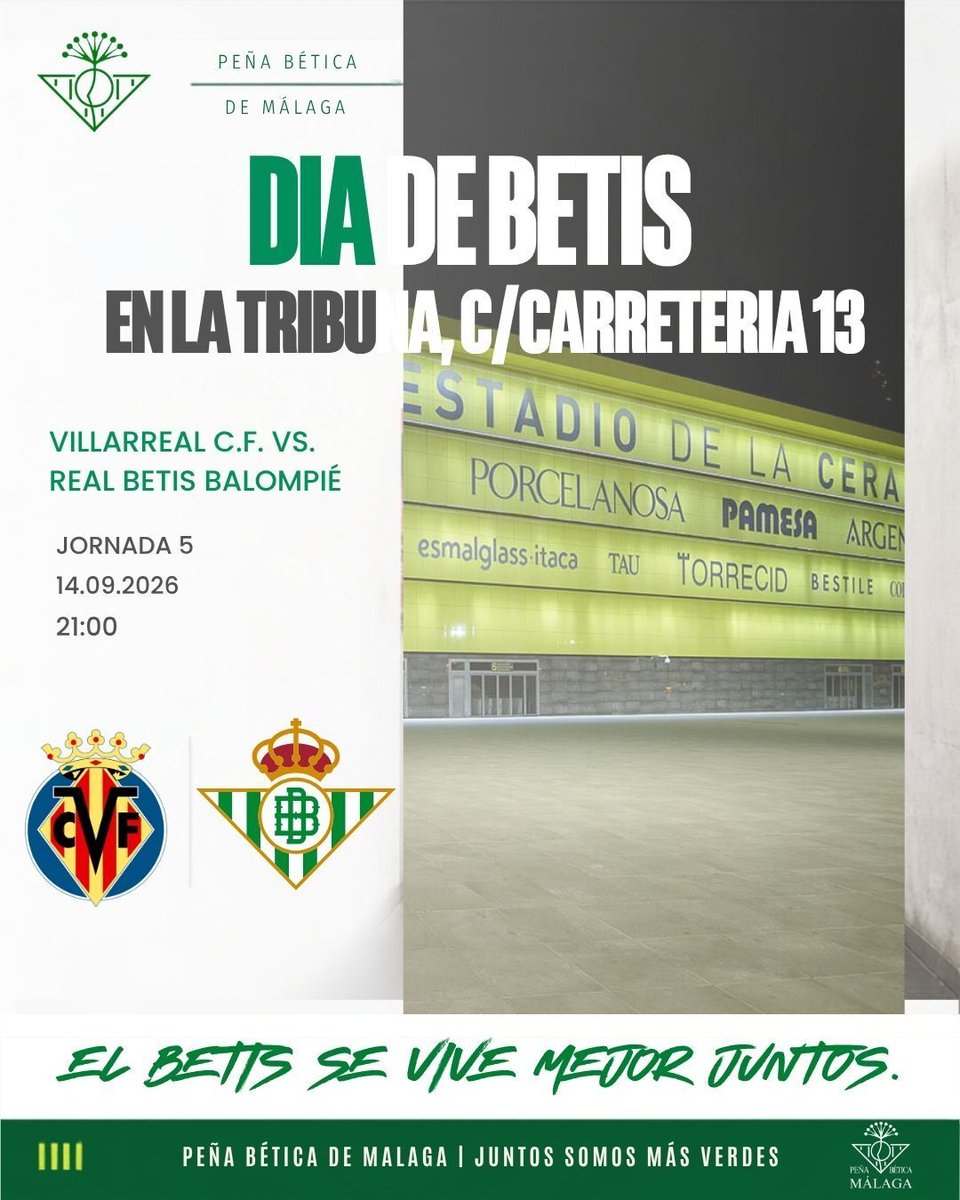 pbeticamalaga's tweet photo. De la Champions… a LaLiga. 💚

Después de una semana histórica, toca volver a la competición doméstica.

🟡 Villarreal 🆚 Real Betis 🟢⚪

📅 Lunes 14 de septiembre
⏰ 21:00 h
📍 Estadio de La Cerámica

Y como siempre, el partido también se vive en Málaga.

📍 @latribunamalaga https://t.co/0Sf0aSo7jn