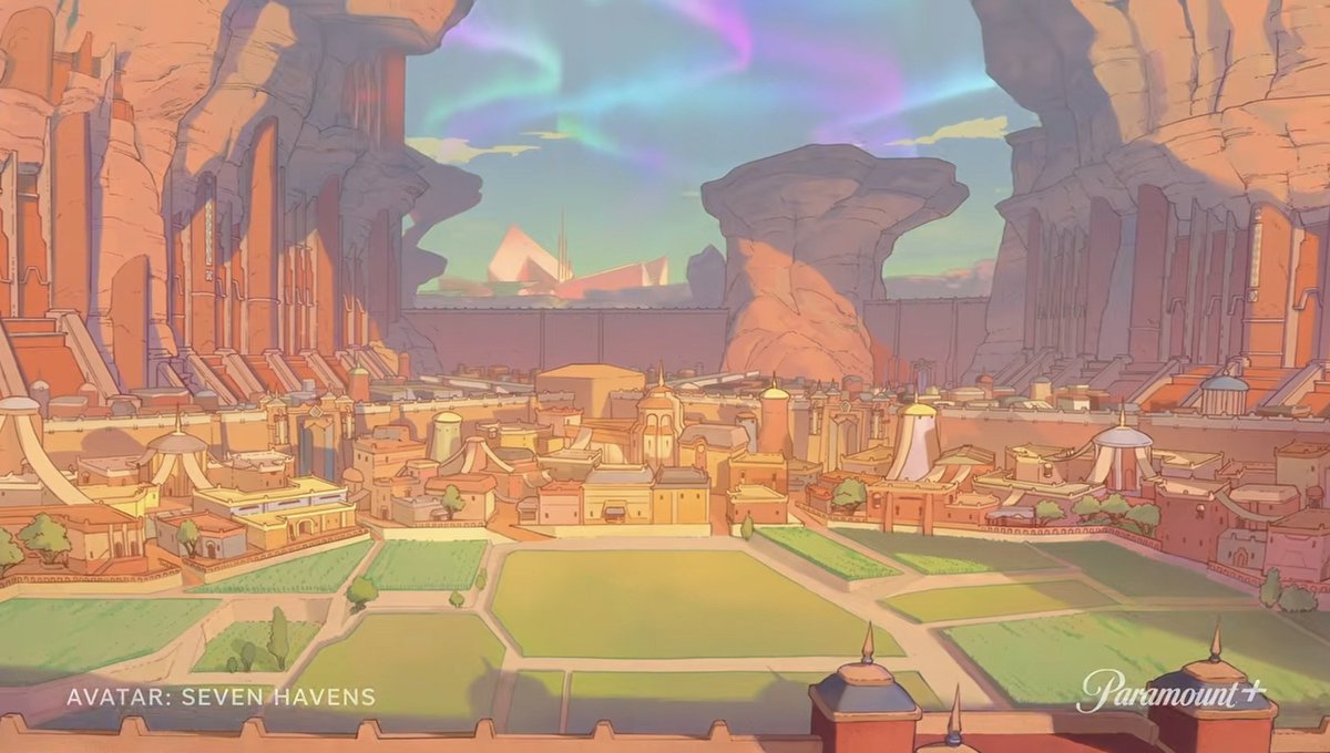 Truegreen7's tweet photo. It's pretty obvious that the flat, yet colorful, post-apocalyptic art style of Avatar: Seven Havens is heavily inspired by Moebius' art (one of the most influential modern cartoonists/artists) and I think that's pretty neat. (From the backgrounds to the character designs) https://t.co/YcK6QAHVIq