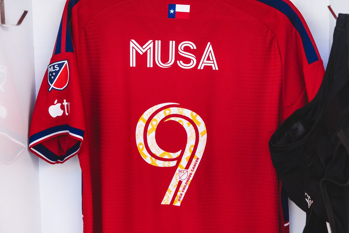 FCDallas's tweet photo. For Kick Childhood Cancer Night, our guys will wear specialty numbers featuring artwork designed by Children’s Health℠ Patient Ambassador Octavia 💛 https://t.co/qDD9T2CLWJ