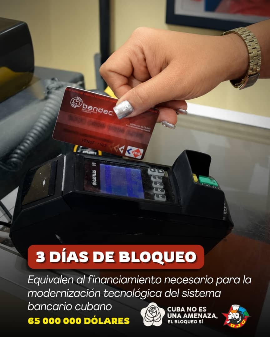 UJCdeCuba's tweet photo. 💰 3 días de bloqueo: $65,000,000 que podrían modernizar el sistema bancario cubano.
Eso es lo que cuesta la actualización tecnológica de la banca en Cuba. En apenas 72 horas, el bloqueo de EE.UU. frena el desarrollo financiero del país y castiga a todo un pueblo.

#UJCdeCuba https://t.co/7MWxCgsBJh