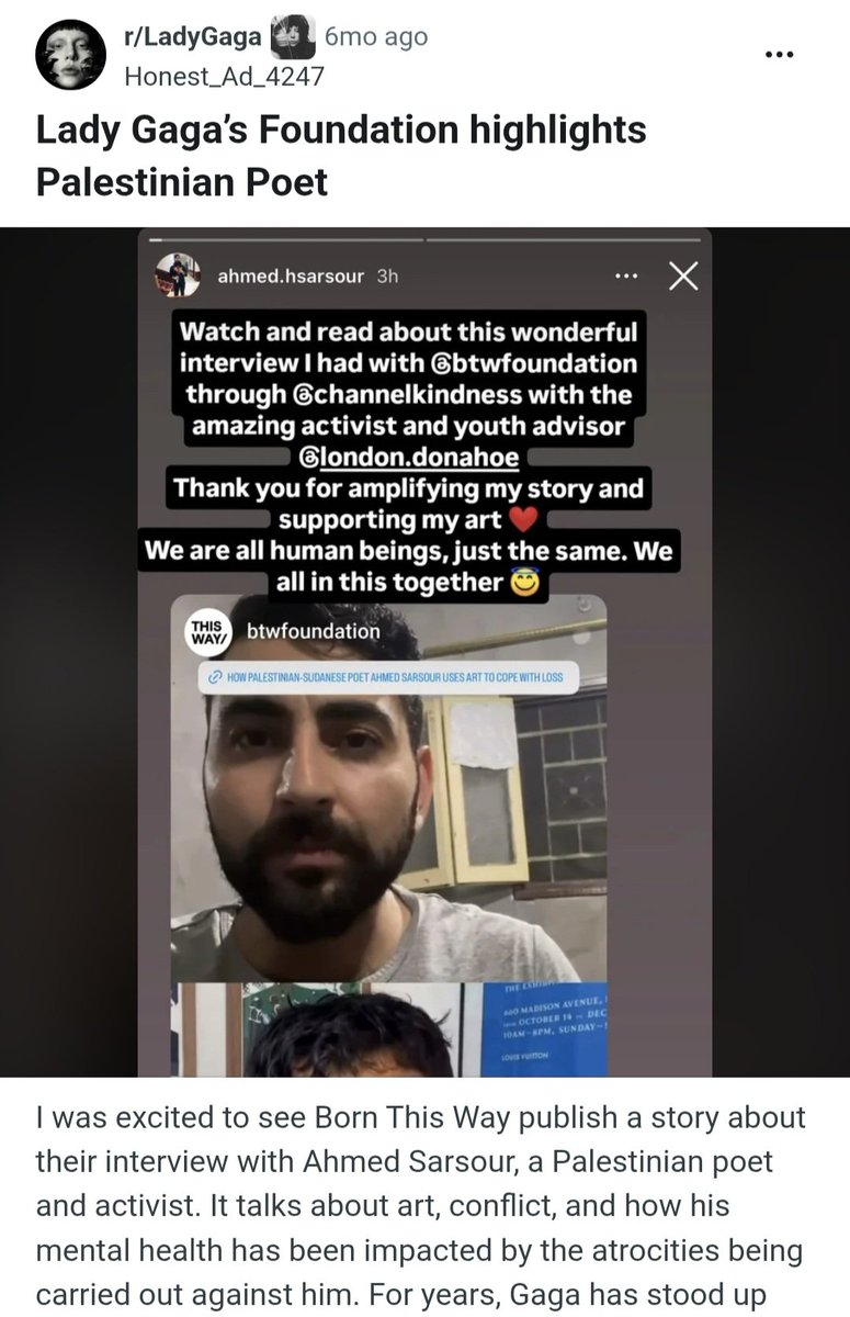BraveForGaga95's tweet photo. Crazy to say this when y'all are the ones who keeps this fake narratives about Gaga when Gaga has been helping Palestinians backstage (which is a bigger deal than just saying "hey go Palestine" in a performative way like others do) the ones who needs to grow is clowns like u https://t.co/sifhCTZVKI