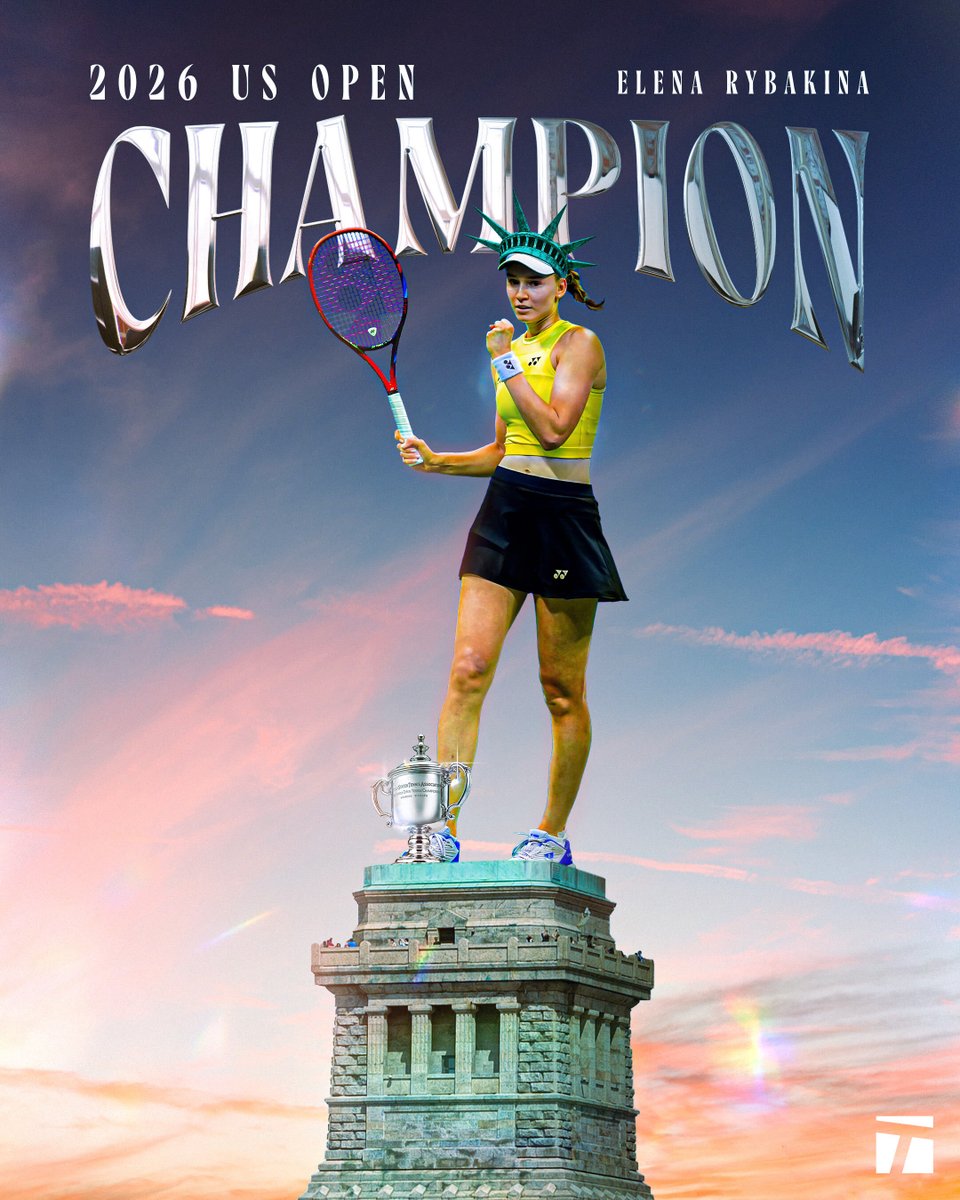 TennisChannel's tweet photo. ELENA RYBAKINA IS THE 2026 US OPEN CHAMPION 🤯 

She defeats Aryna Sabalenka 6-4, 5-7, 6-2 in an INSANE performance on Arthur Ashe 🏆 

Congratulations Elena 🥹 👏 

#usopen https://t.co/4dY3nAFfDk