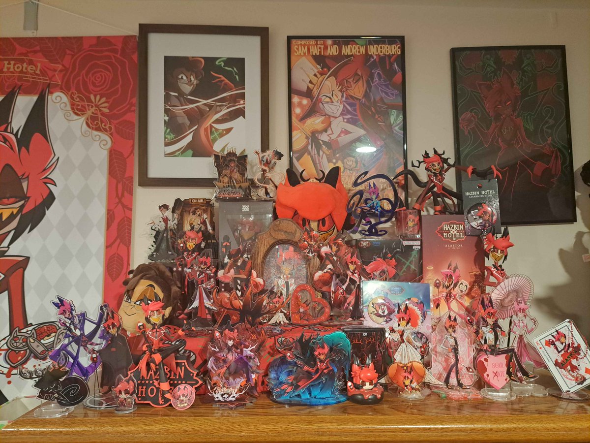 Eldritch_Doe's tweet photo. hmm wonder who my fav is 🤔😂 just thought i would share my collection of hazbin and small collection of helluva things.  I do want to thank all the artists and fan artists who make all this stuff.
#HazbinHotelHusk   #hazbinhotelmerch #hazbinalastor #hazbinmerch #hazbinhotel https://t.co/uR5q7WUJ4R