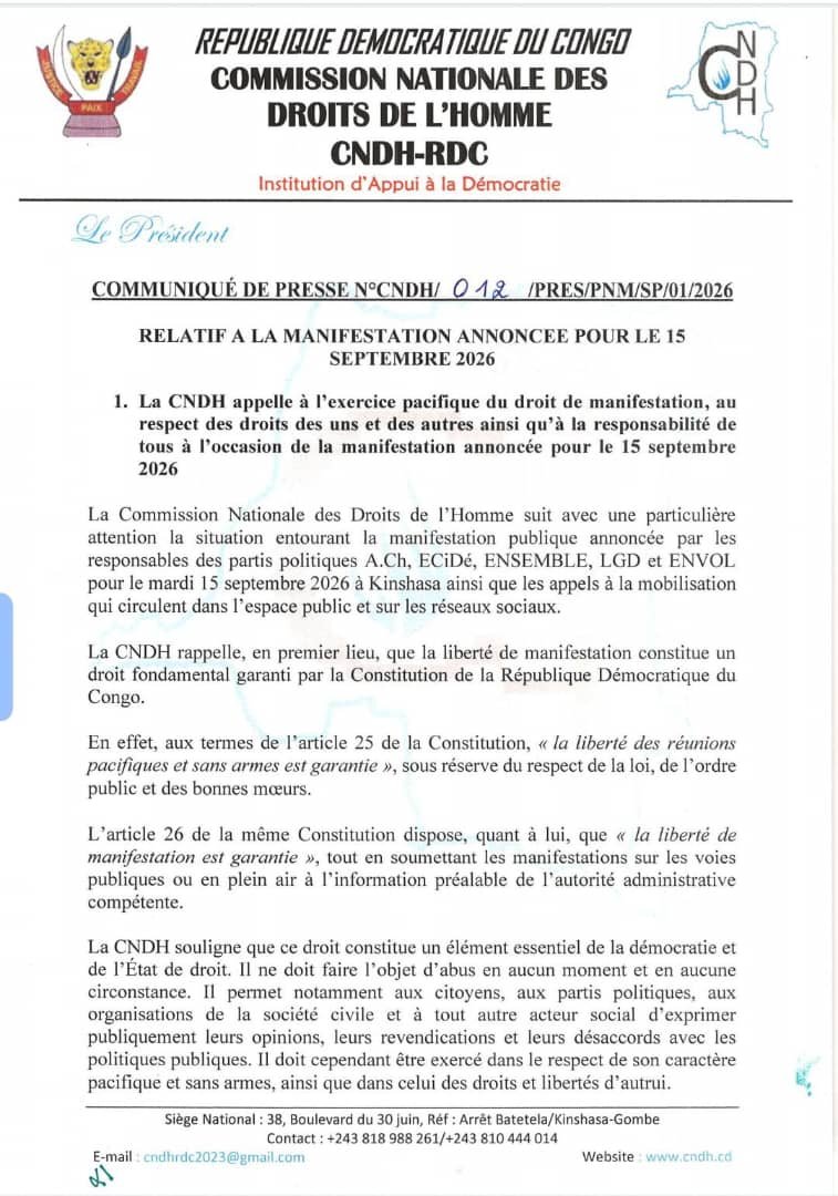 Christe44294276's tweet photo. #Kinshasa Marche de l’opposition prévue le 15 septembre : la CNDH appelle au respect du cadre légal et met en garde contre les violences https://t.co/6k1Hdj6ubg