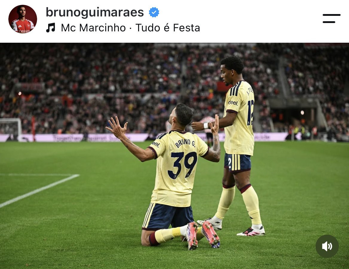 afcstuff's tweet photo. 📲 Bruno Guimarães on Instagram: “My first goal for this club, and to celebrate it with a win like this… I couldn’t have asked God for anything more. 🙏❤️ A special night that I’ll never forget. We keep going, Gooners. ❤️🤍🙏” https://t.co/cVrrGEnia3