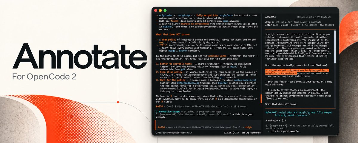 Annotate for OpenCode 2, which adds span-level comments to earlier assistant output so transcript review becomes precise instead of conversationally fuzzy