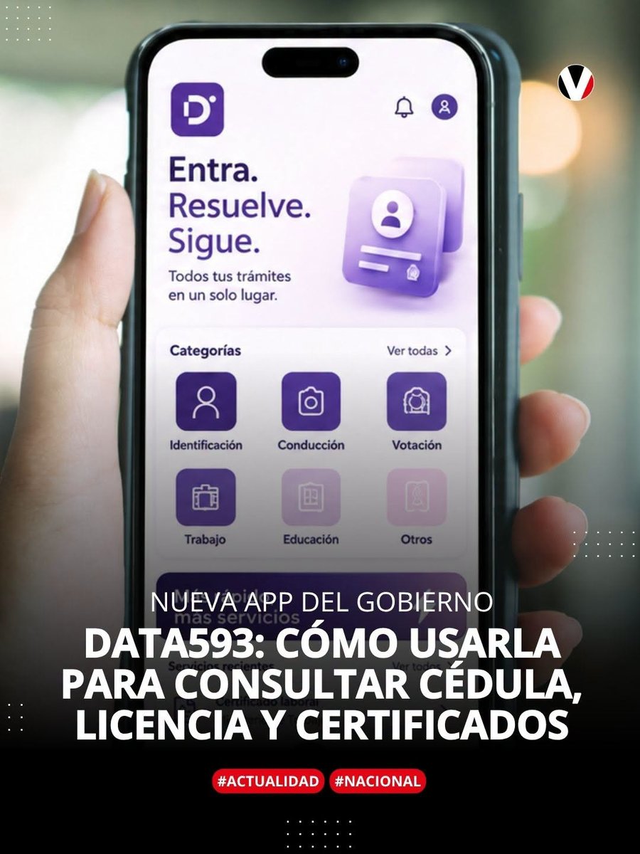 revistavistazo's tweet photo. 📲 ¿Qué es DATA593 y cómo funciona? La nueva app del Gobierno del Ecuador permite consultar la cédula, licencia de conducir y certificados oficiales desde el celular. Conoce cómo registrarte y acceder a sus servicios. 🔗 https://t.co/bNTY8Z365r https://t.co/LtrYWZVvtS