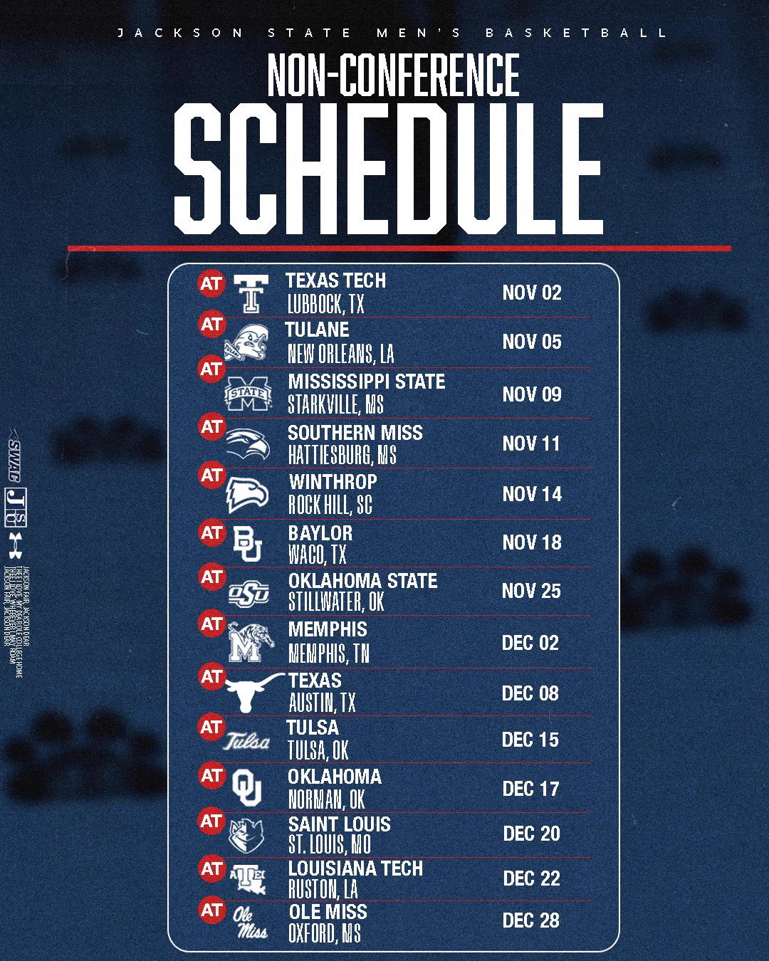 Jackson State men's basketball 2026 nonconference schedule graphic listing 14 road games from November 2 through December 28