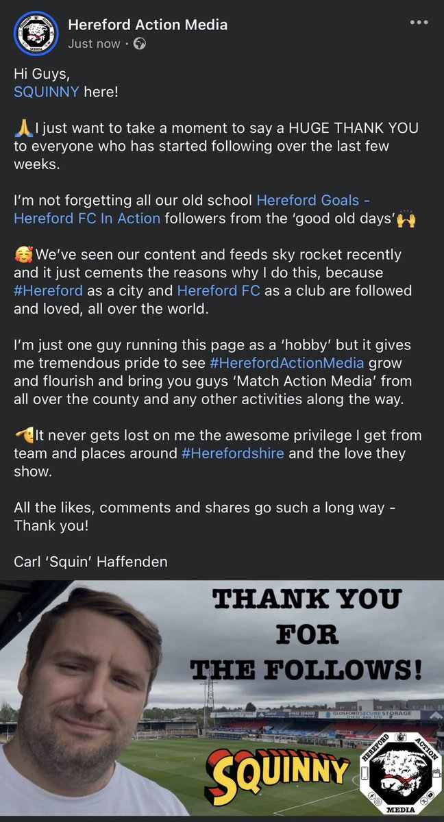 HFDActionMedia's tweet photo. Hi Guys,
@Squinny4 here!

🙏I just want to take a moment to say a HUGE THANK YOU to everyone who has started following over the last few weeks.

I’m not forgetting all our old school Hereford Goals - Hereford FC In Action followers from the ‘good old days’🙌… https://t.co/7drJzawF9r