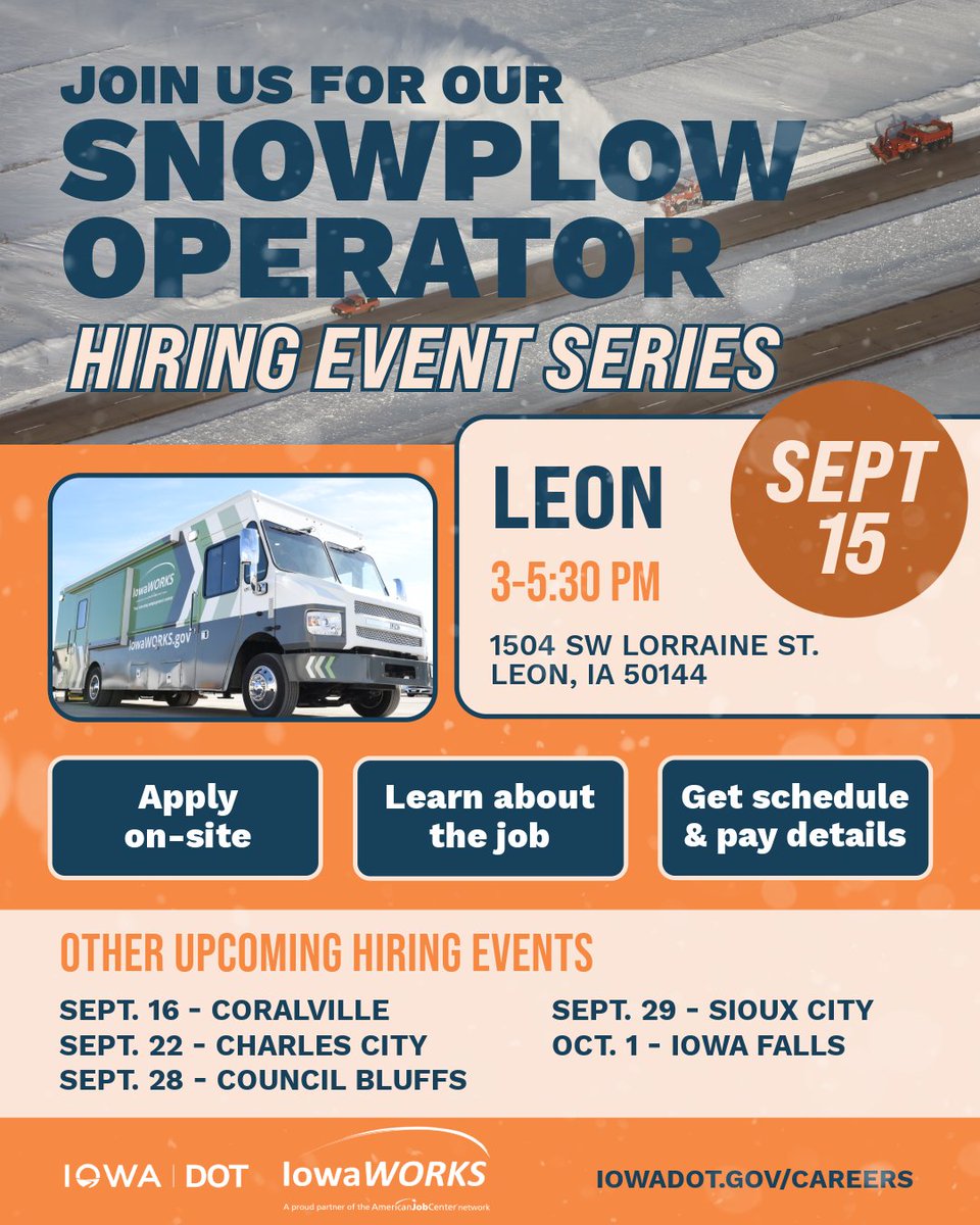 iowadot's tweet photo. Ready to keep Iowa roads safer this winter? We’re hiring seasonal snowplow operators! Join us at our Leon maintenance garage on Sept. 15 for our winter hiring event. 
📍1504 SW Lorraine St., Leon, IA 
📅 Sept. 15, 3-5:30 PM
Learn more or apply online at: https://t.co/Cvb0eD0Vyj https://t.co/2Q4wVPu7gy