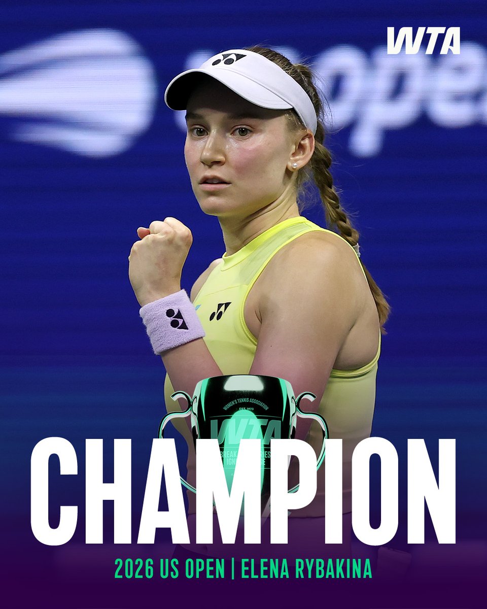 WTA's tweet photo. UNSTOPPABLE 🏆

Elena Rybakina defeats Sabalenka 6-4, 5-7, 6-2 to become the 2026 US Open Champion 🤩

#USOpen https://t.co/c3Ssx4hj1X