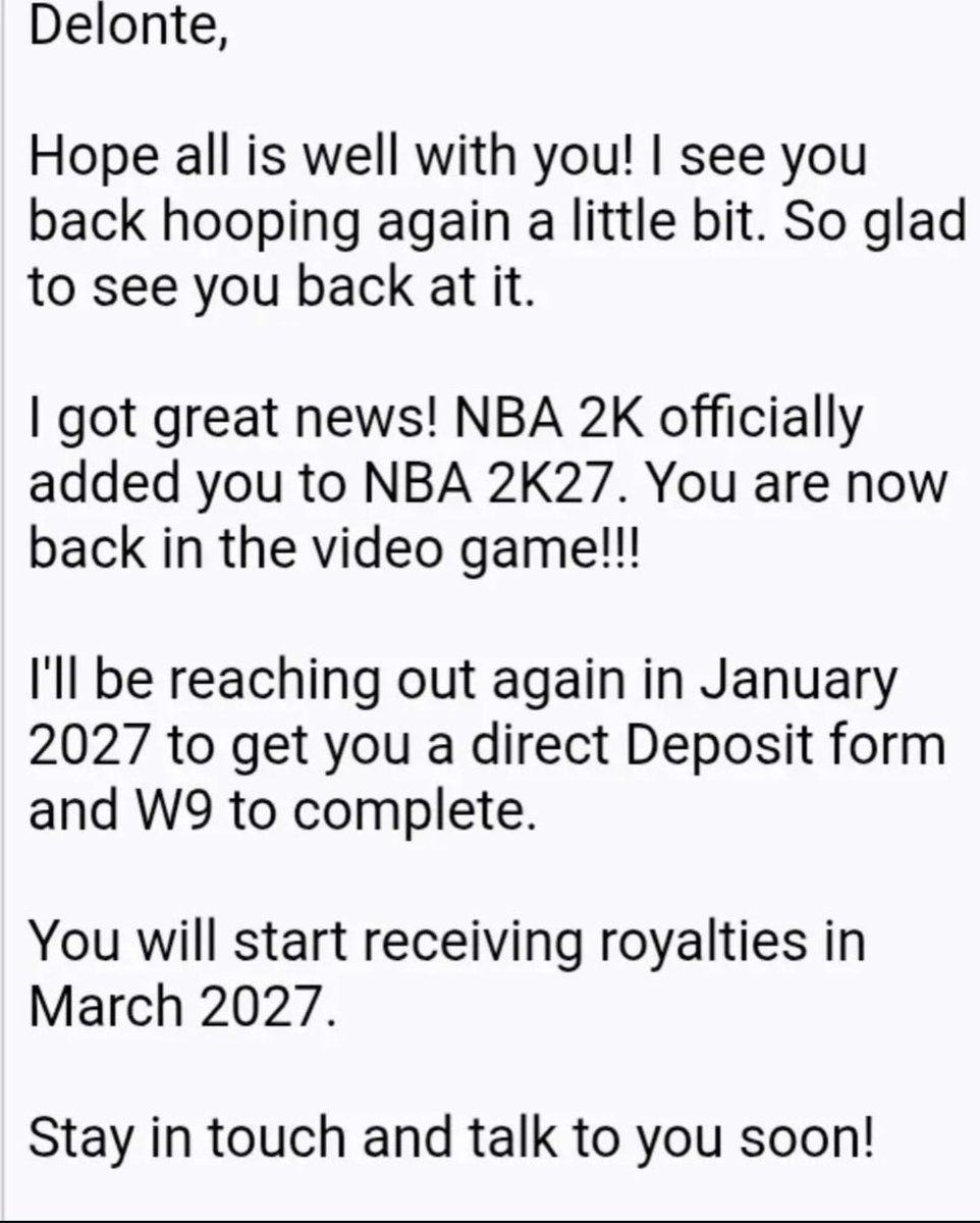 RTNBA's tweet photo. Delonte West shared a message saying NBA 2K has officially added him to NBA 2K27.

2K plans to reach back out in January 2027 for his direct deposit and W9 information, with royalty payments set to begin in March 2027.

Really cool to see 🙏 https://t.co/b48JxpU2MU