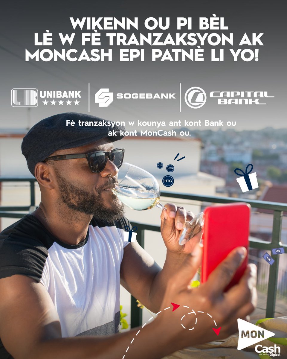 DigicelHT's tweet photo. Pwofite Wikenn ou a 100% lè w fè tranzaksyon gras ak MonCash epi patnè li yo! Kit sete pou w fè yon pèman ak MonCash oswa yon pèman ak kont bank ou, tout nèt fasil, rapid epi sekirize gras ak patnerya ki rann kont ou yo konekte youn ak lòt.
#MonCash https://t.co/N32SSywceh