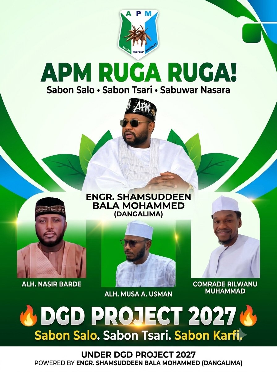 luwastar87's tweet photo. 🔥DGD PROJECT 2027! 🔥
Sabon Salo. Sabon Tsari. Sabuwar Nasara!
A karkashin kyakkyawan tunani da jagorancin Engr. @shamsudeen_bala (Dangalima).
Muna tafiya da kowa domin kawo gaskiya, cigaba, da sabon karfi! 🟢✊
#APMRugaRuga #DGDProject2027 #Dangalima #SabuwarNasara https://t.co/gw5KIlhKTJ