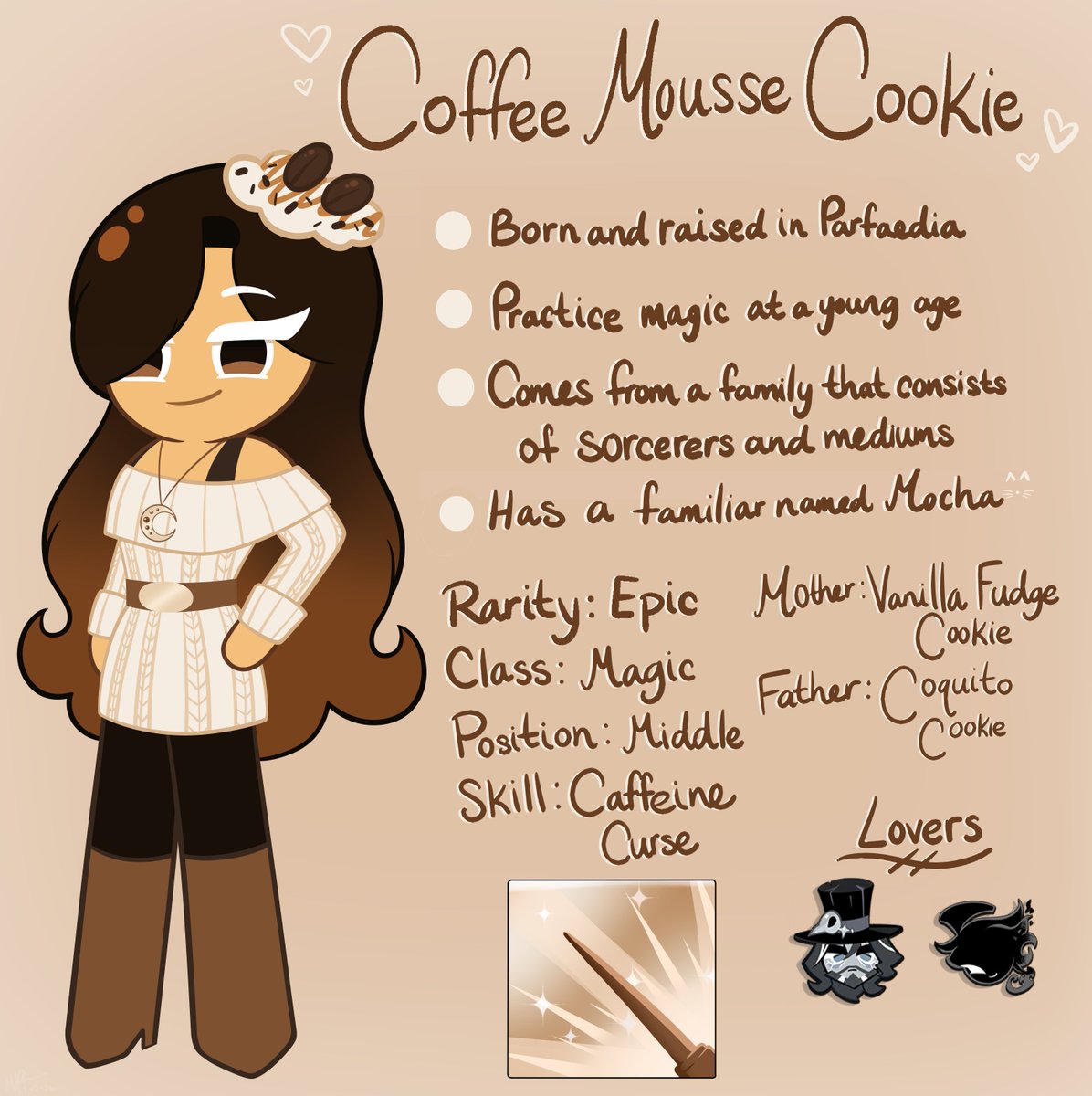 MPriestess57's tweet photo. Redesign of my cookiesona, Coffee Mousse Cookie, with a bit of info about her 🤎🤍
#cookierun #cookieoc #cookiesona https://t.co/Ild1v5Nn6o
