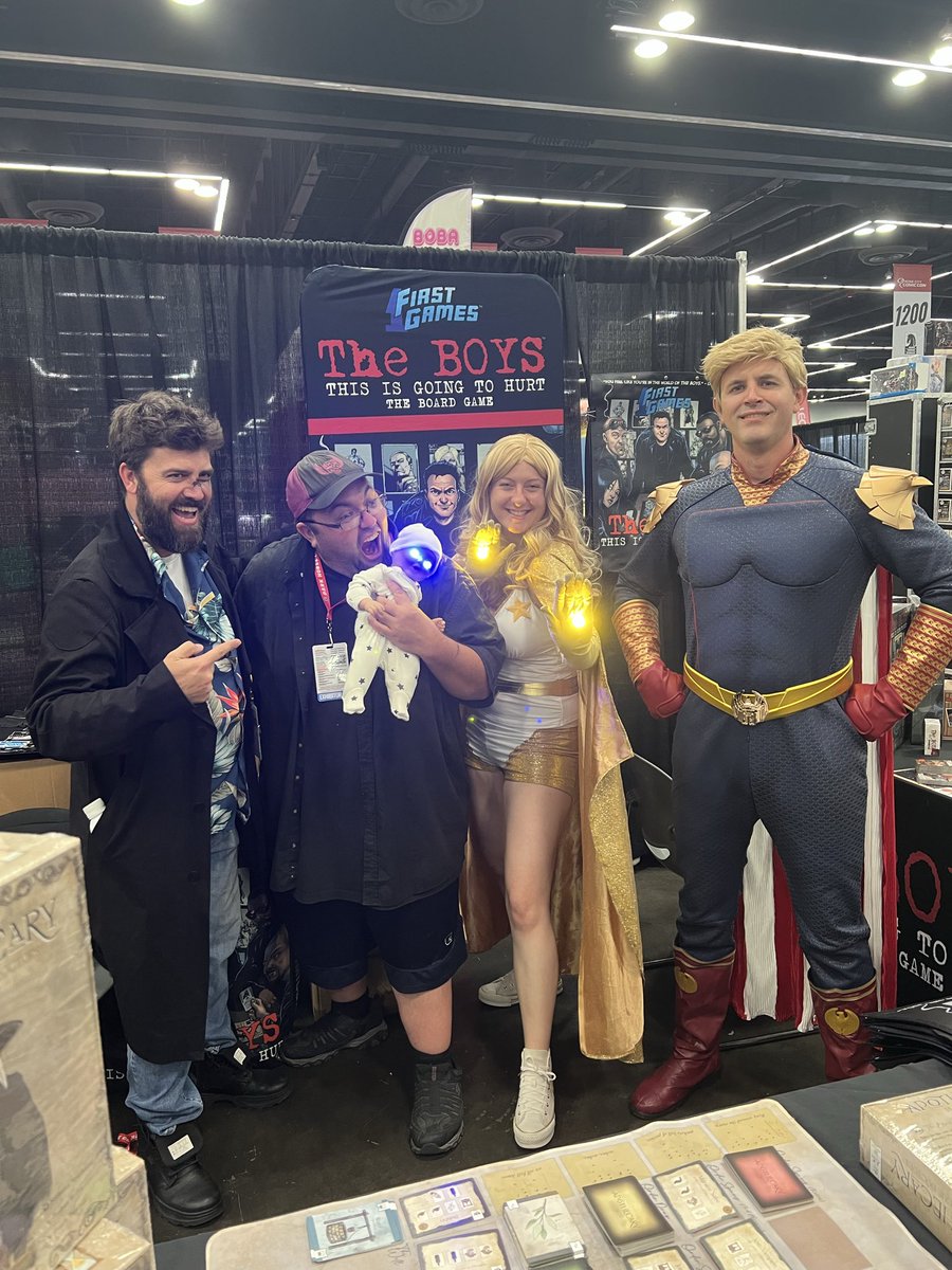1firstcomics's tweet photo. Come on by ROSE CITY booth 1624 for THE BOYS: THIS IS GONNA HURT board game! 

If you don’t believe us, would you believe Starlight, Butcher, and Homelander?

*No babies were harmed in the production of this picture. https://t.co/qQqy5tPlmI