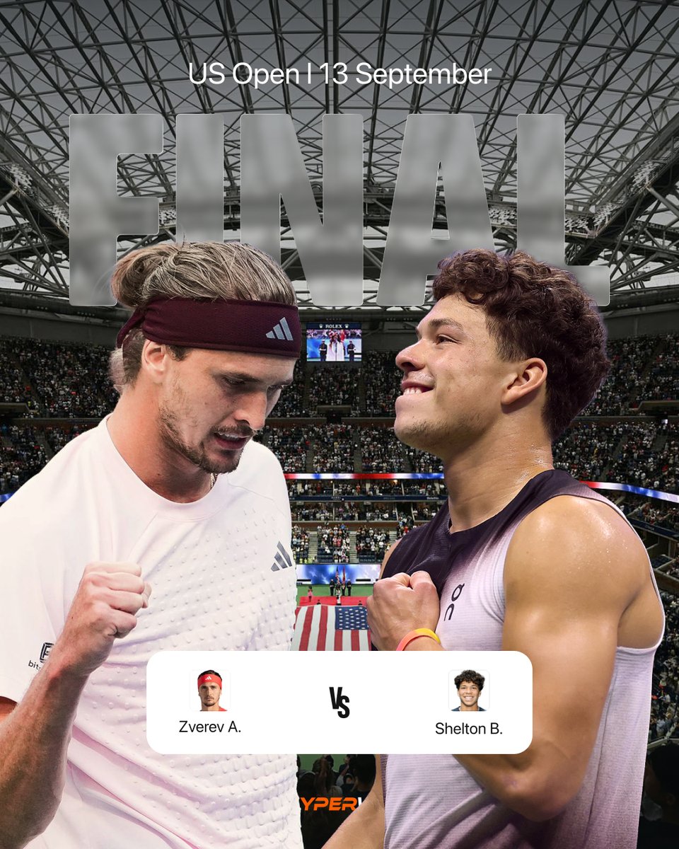 Hyperwinmedia's tweet photo. No American man has won a major since Roddick in 2003. Shelton is one match away, in his first Grand Slam final.
Zverev arrives on a run of four matches without dropping a set, chasing his second major of the year. πΎ
#Hyperwin #USOpen #Shelton #Zverev #Tennis https://t.co/jgwLFaMFsk