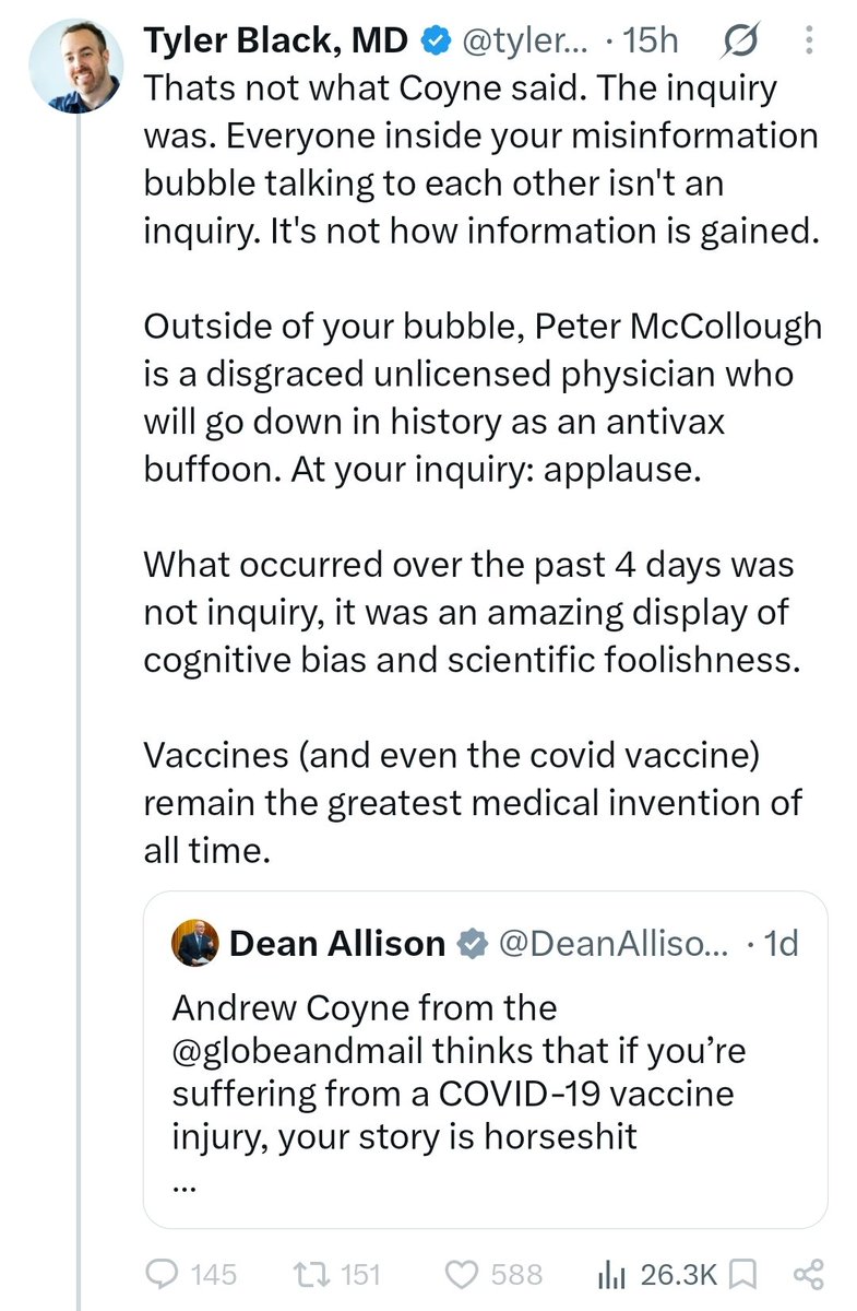 NatashaMontreal's tweet photo. Tyler Black is a Clinical Assistant Professor at UBC and Child and Adolescent Psychiatrist.

Black described Dr. Peter McCullough as, "...a disgraced unlicensed physician who will go down in history as an antivax buffoon," and "...beyond disgraced. He is a tarred and feathered loser who has no credibility, his retraction rate better than most MLB players' batting average, and his legacy will be 'he wore stupid suits which matched his stupid words."

Let's compare their qualifications and careers, since the basis of Black's criticisms of Dr. McCullough are ad hominem and appeal to authority-both logical fallacies.

Dr. Peter McCullough is a distinguished medical academic and clinician specializing in cardiovascular and cardiorenal medicine. He also has a Master of Public Health (MPH).

He is a veteran internist and epidemiologist, a prolific researcher and publisher, and was a respected cardiologist and internist for decades. He has published over 1,000 papers.

Before he became a victim of the regulatory regime, he was Vice Chief of Internal Medicine at Baylor University Medical Center and a professor at Texas A&M University. He still holds multiple state licenses.

Tyler Black  is a Clinical Assistant Professor at UBC and Child and Adolescent Psychiatrist. He has authored 16 papers.

Black is also a participant in a federally-funded Covid-19 vaccine initiative for ScienceUpFirst. It is unclear if he receives paid compensation for his role, or if he volunteers his time.

Some of the substantive funding that ScienceUpFirst received was specifically earmarked for promoting the Covid-19 vaccines and increasing uptake.

PHAC lists ScienceUpFirst/CASC as having received $2,590,682 for the 2020–23 COVID project.

The Canadian Institute for Health Research (CIHR) also made two $1.5-million awards to ScienceUpFirst.

There was also a subsequent $225,000 Public Health Agency of Canada (PHAC) for a vaccine-misinformation grant explicitly carrying the ScienceUpFirst name, as well as a $365,000 CASC project for 2024–26 to prevent vaccine misinformation (i.e. to promote Covid vaccines) and to increase vaccine confidence.

This works out to over $7M in funding for so-called experts to push the uptake of novel pharmaceutical products-which,  as it turned out, have seriously injured and caused death in some people.

It seems Black stopped being a hospital inpatient psychiatrist at BC Children's in 2024.

Black publicly dismissed warnings about the effects of pandemic restrictions on children's mental health and suicidality as part of a “
"moral panic," and testified to Parliament that suicides had declined.

It's worth noting that PHAC said young people experienced significant psychological distress, loss of social connection, decreased physical activity and increased screen time due to school closures, stay-at-home orders, social distancing, cancellation of sports/activities, remote schooling and related restrictions.

According to the OECD, Canada's 2022 mathematics and reading performance was lower than in any previous PISA assessment.

A national study found eating-disorder hospitalizations among girls aged 12–17 roughly doubled during the first year in Quebec, Ontario, the Prairies and B.C.

Canadian adolescent emergency visits for suicidal ideation, intentional poisoning or self-harm rose from an average 5,293 per quarter before the pandemic to 6,060 during it, while hospital admissions rose from 1,590 to 1,770 per quarter.

PHAC reported that changes in family dynamics included increased conflict or violence for some children. Poorer and more vulnerable children were hit disproportionately.

Black couldn't be reached for comment, as he blocked me.

References in comments