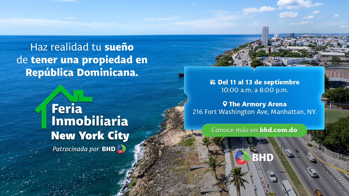 \u00A1A\u00FAn est\u00E1s a tiempo de encontrar tu hogar en RD!\n\nMa\u00F1ana es el \u00FAltimo d\u00EDa de la Feria Inmobiliaria NYC patrocinada por BHD. Conoce nuestras opciones de financiamiento, tasas, facilidades y recibe asesor\u00EDa personalizada. \u00A1Te esperamos!\n\n#BancoBHD #FeriaInmobiliariaNYC \n