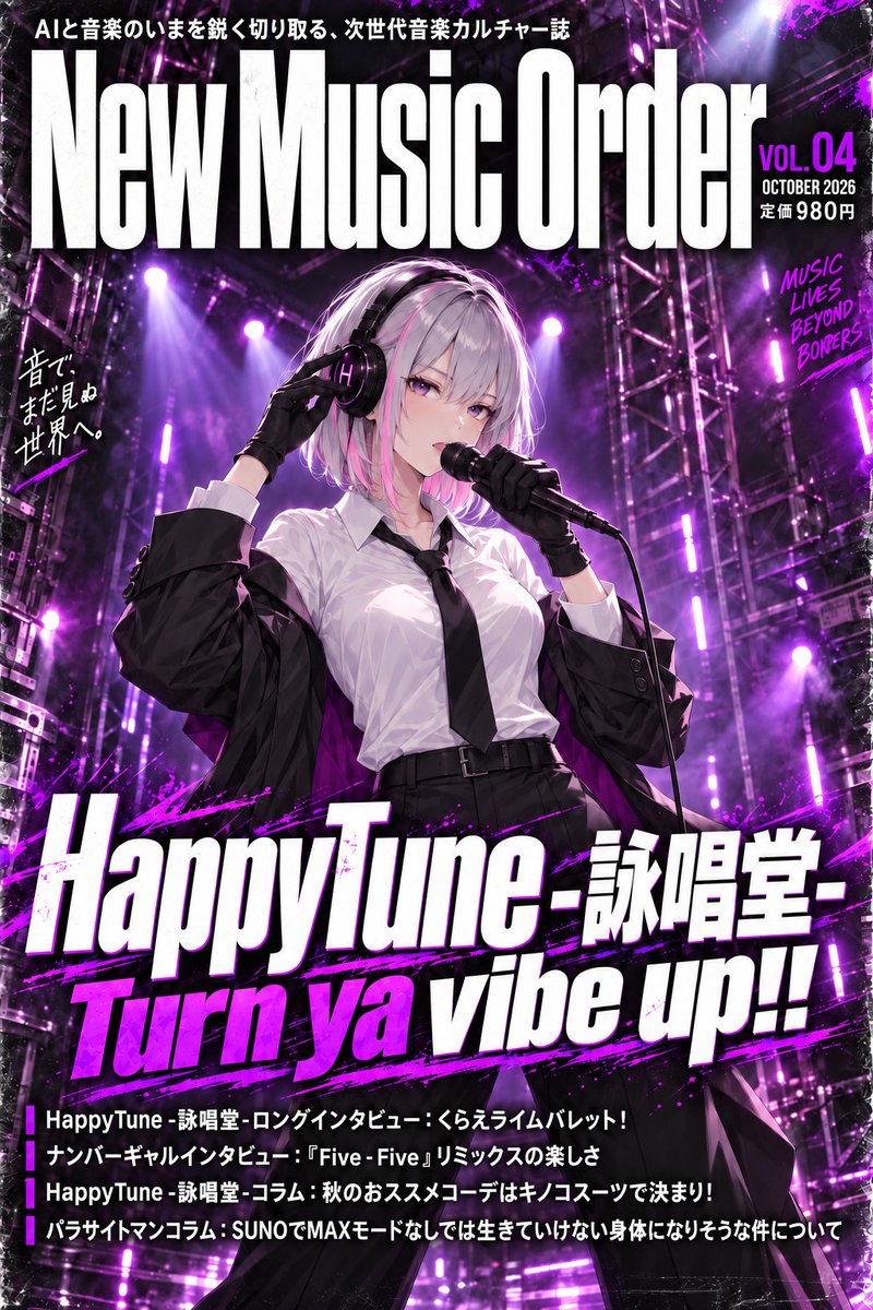 parasite_man's tweet photo. HappyTune -詠唱堂- × #NewMusicOrder
架空のAI音楽雑誌『New Music Order』
第四号(Vol.4)は、HappyTune -詠唱堂-さん(@AI_Show_Do)をお届けします🐻
Used with permission. https://t.co/78DrnmezFj