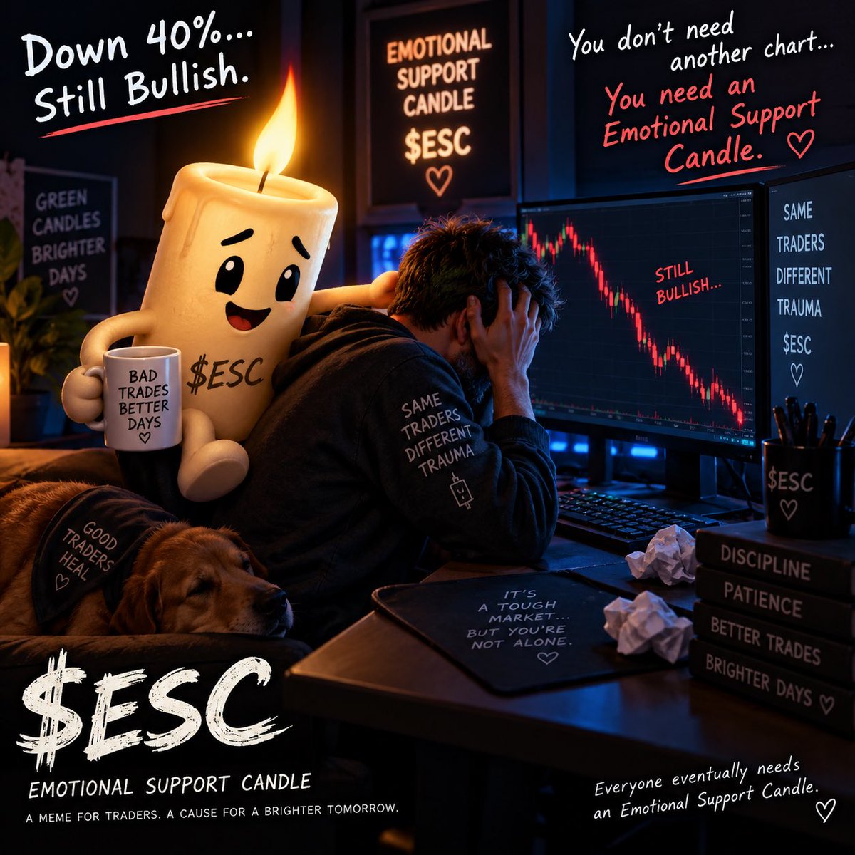 ESCandleSOL's tweet photo. Crypto traders really be down 40% saying:

“Still bullish.” 😂

Brother… you don’t need another chart.

You need an Emotional Support Candle. 🕯️🔥

$ESC https://t.co/9jRVyu3EJ6