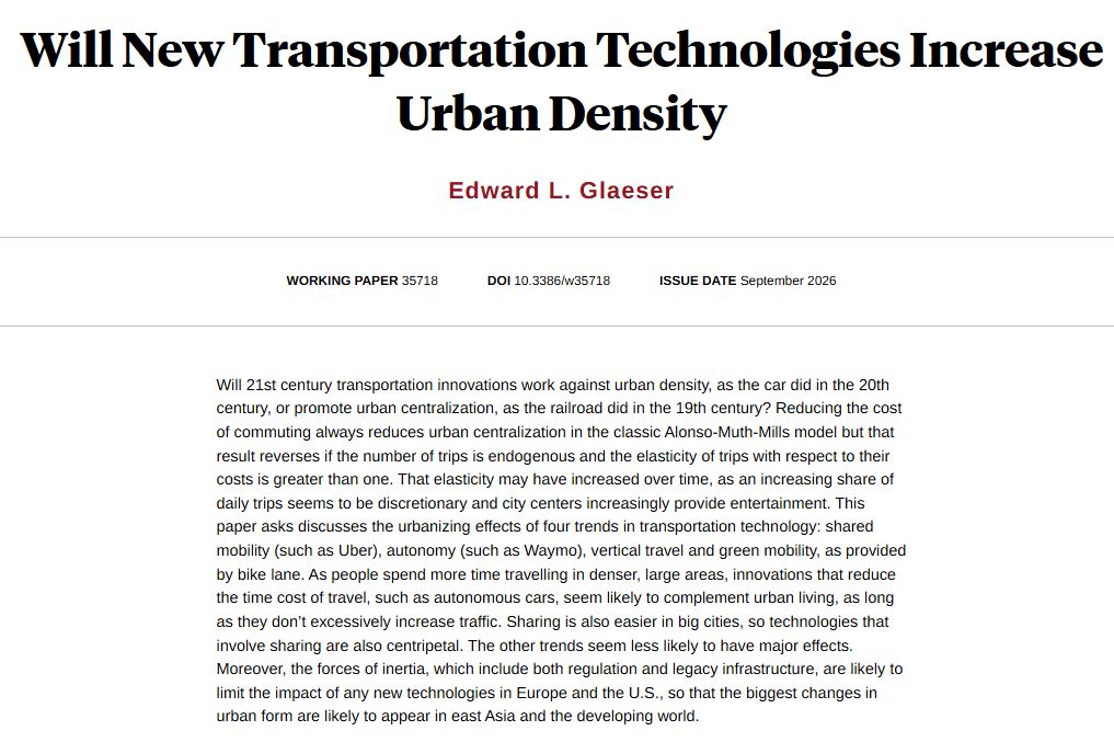 nberpubs's tweet photo. Discussing the urbanizing effects of four trends in transportation technology: shared mobility (such as Uber), autonomy (such as Waymo), vertical travel, and green mobility, as provided by bike lanes, from Edward L. Glaeser https://t.co/SnVDEEFMZN https://t.co/4GJozZQA98