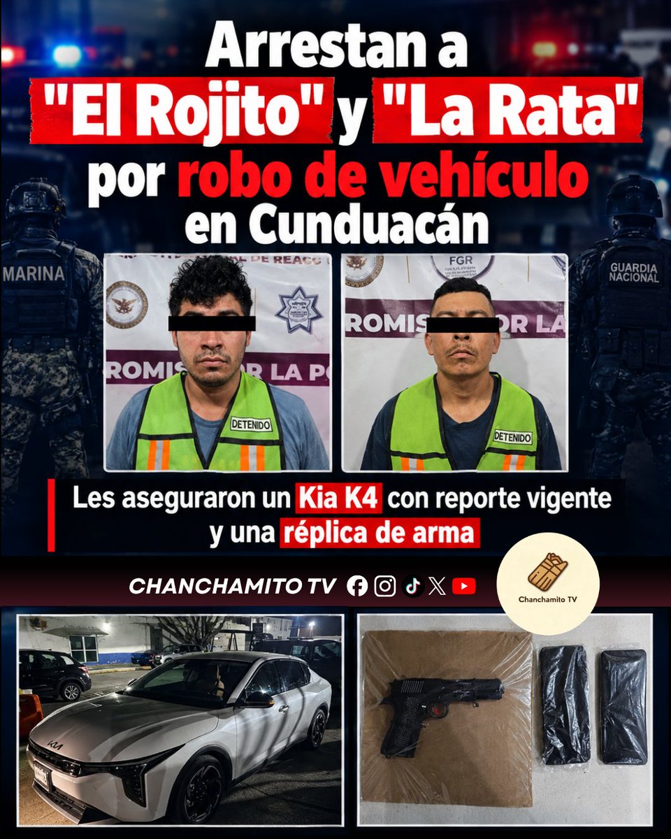 chanchamitoTV's tweet photo. 🚨🚔 Elementos de la SSPC detuvieron en Cunduacán a dos hombres identificados como 'El Rojito' y 'La Rata' en posesión de un vehículo con reporte de robo y una réplica de arma de fuego.  #Cunduacan #SSPCTabasco #SeguridadTabasco #NoticiasTabasco #Chontalpa #ChanchamitoTV https://t.co/5O7BMfdj8S