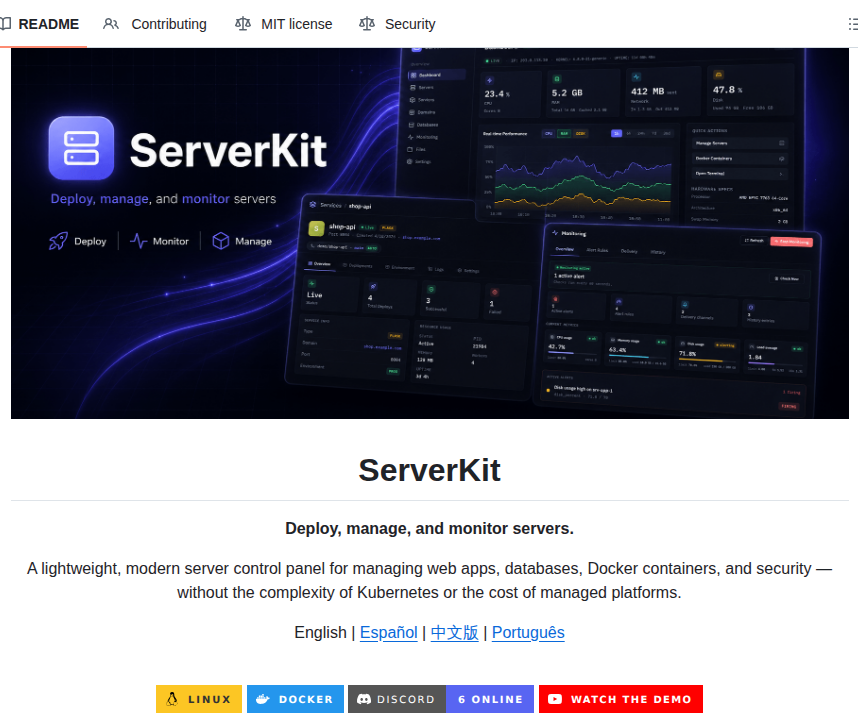 GYLQ520's tweet photo. 厌倦了 SSH 拼凑、老面板和一堆脚本？

ServerKit 把站点、数据库、Docker、SSL、防火墙、备份和多机 Agent 收进一个现代 Web 面板。

自托管，约 180MB 内存，1GB VPS 也能跑。

🔗https://t.co/BVzzrof2q8 https://t.co/2V4bo8JcRw