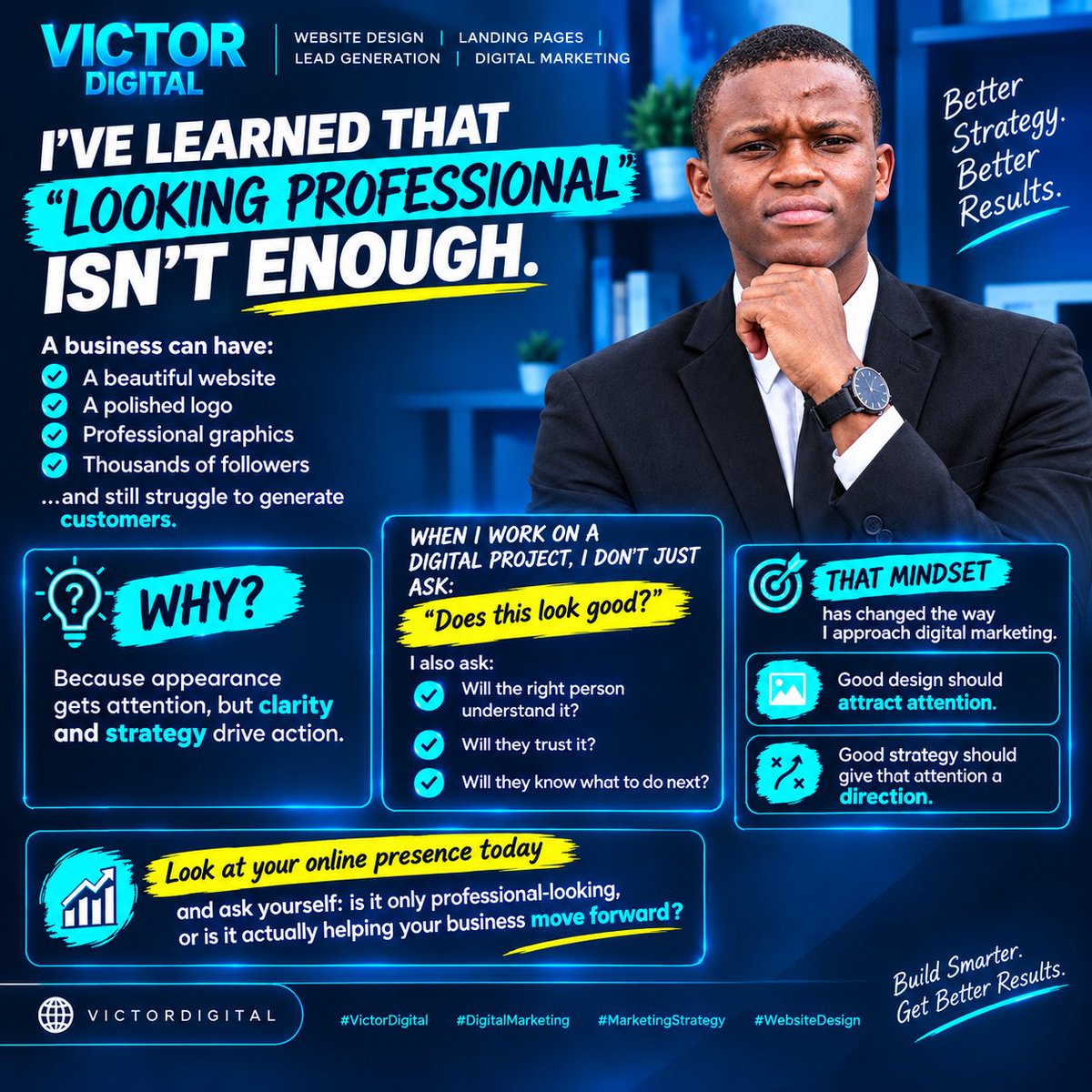 AbdulSalam0503's tweet photo. Looking professional gets attention.
Clarity + strategy turn that attention into action.
Make your digital presence work, not just look good.
#DigitalMarketing #MarketingStrategy #BusinessGrowth #VictorDigital https://t.co/TsLaJfWHG9