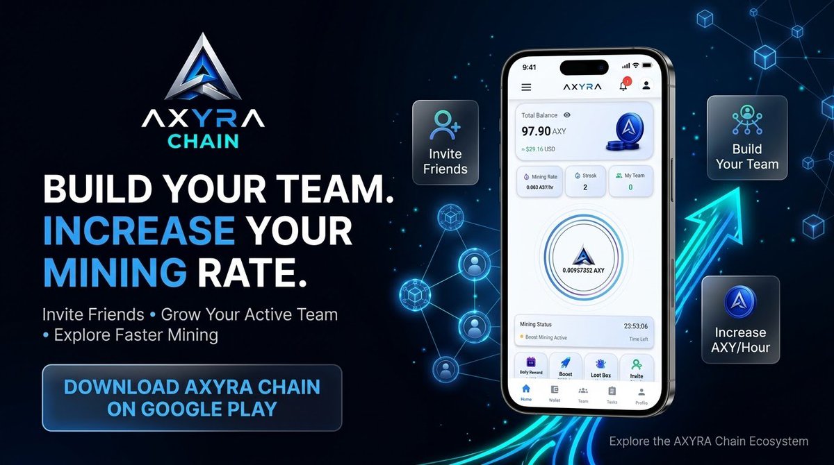 AxyraChain's tweet photo. ๐ฅ Build Your AXYRA Team. โ๏ธ
Download AXYRA Chain from Google Play, invite friends, and grow your active referral team.
More active referrals can increase your AXY/Hour mining rate and help you explore faster mining speeds.
๐ Build. Mine. Explore.
#AXYRAChain #Crypto https://t.co/BoBJM74vlX