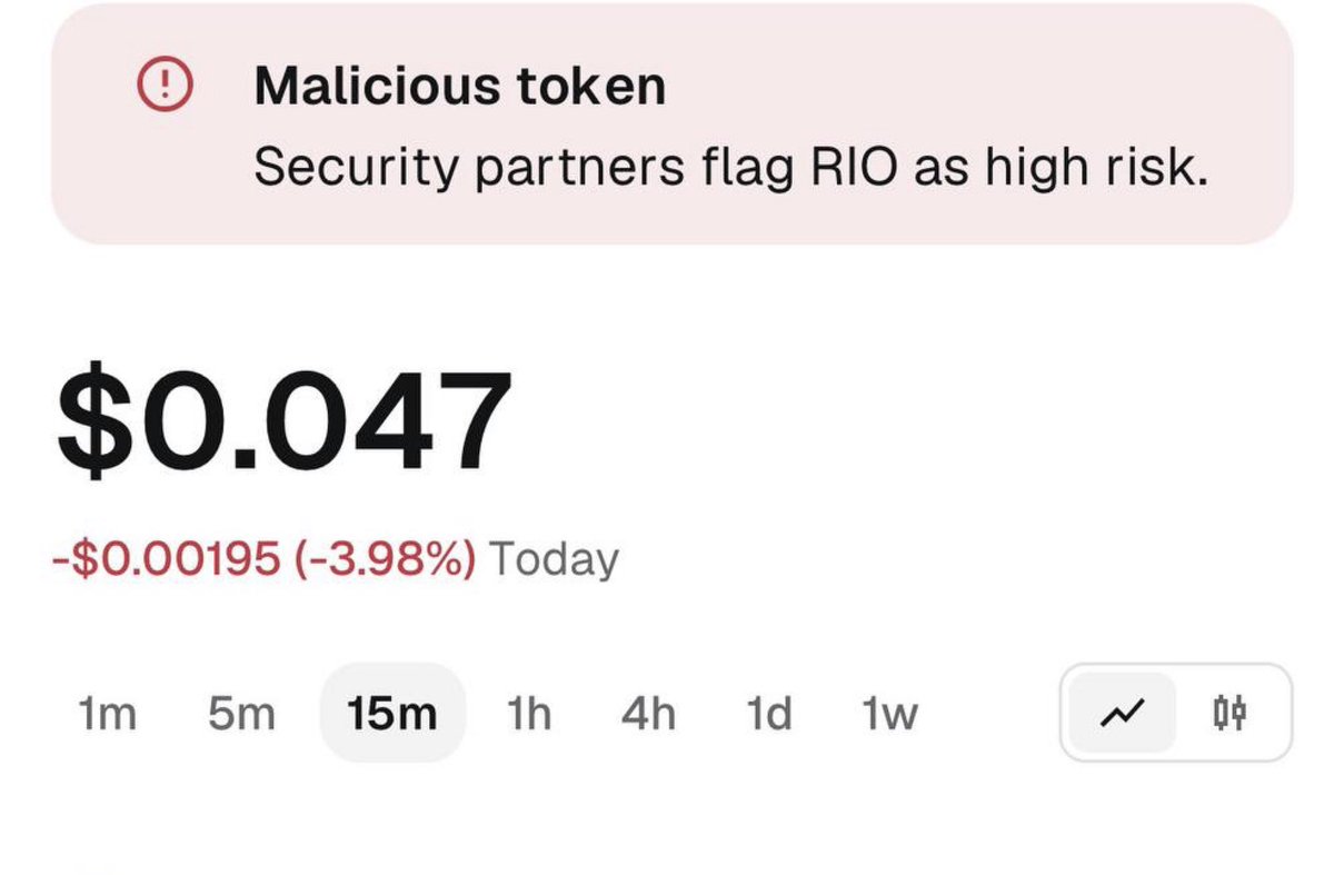 realio_network's tweet photo. $RIO is currently being incorrectly flagged as a “malicious token” by security partners.

$RIO is the official token of @realio_network, with our protocol audited by @Nethermind.

We’re requesting that this inaccurate warning be removed.

@MetaMask @Uniswap @blockaid_ please review and update the classification.

Screenshot below for reference.