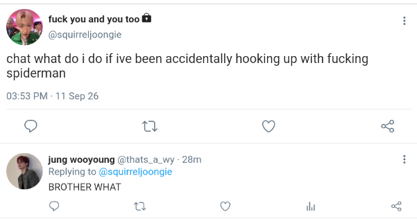 mitoverse08's tweet photo. ✮ ‧₊˚ into the spiderverse ˚₊ ‧ ✮

- hchcng 🐶🐿️ socmed au
- yh is secretly living a double life as a normal uni student and a superhero but accidentally gets discovered by his situationship hj, leader of his favorite band https://t.co/zA4lmYk846