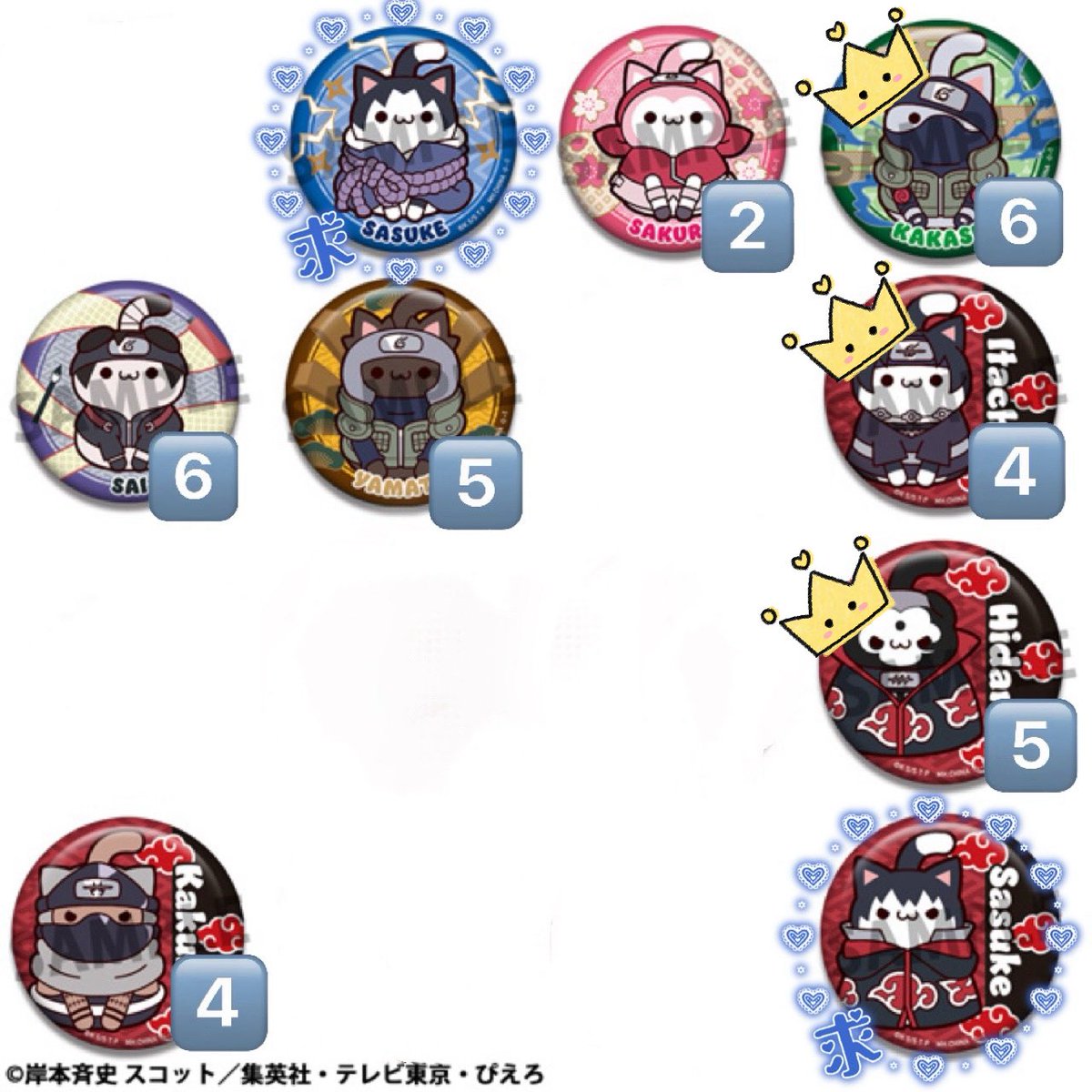 Louise_cbb's tweet photo. 【交換/譲渡】NARUTO－ナルト ニャルト缶バッジ2

譲:サクラ　カカシ　🔵サイ　🔵ヤマト　イタチ　飛段　🔵角都　

求:サスケ＞ナルトor 定価＋送料(paypay対応)

郵送のみ
譲渡の場合👑は🔵同数纏めて

お気軽にお声掛けください✨ https://t.co/GPxIVCkI4P