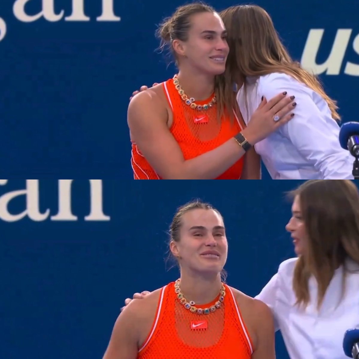 sleepylafufu's tweet photo. That was a nice touch by Sharapova 💞Sabalenka really needed that hug from “Mother.” https://t.co/TiQkwDbbNX
