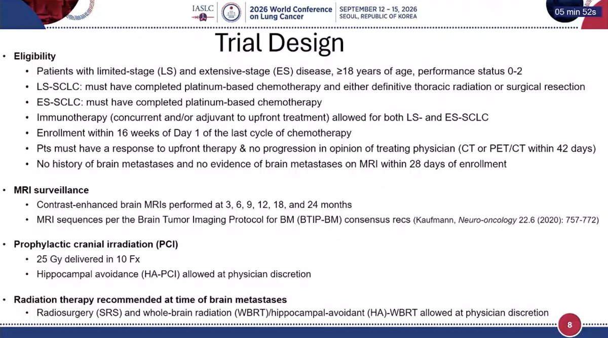 StephenVLiu's tweet photo. Dr. Chad Rusthoven at #WCLC26 presents results from SWOG S1827, the phase III MAVERICK study exploring the benefit of PCI in pts with SCLC. Historic studies before the era of MRI surveillance showed a decrease in brain metastases with PCI and an improvement in OS but recent ES-SCLC studies called the OS improvement into question. MAVERICK looks at both LS and ES disease - note primary endpoint here is cognitive failure free survival (time to cognitive failure or death) with OS as a key secondary.