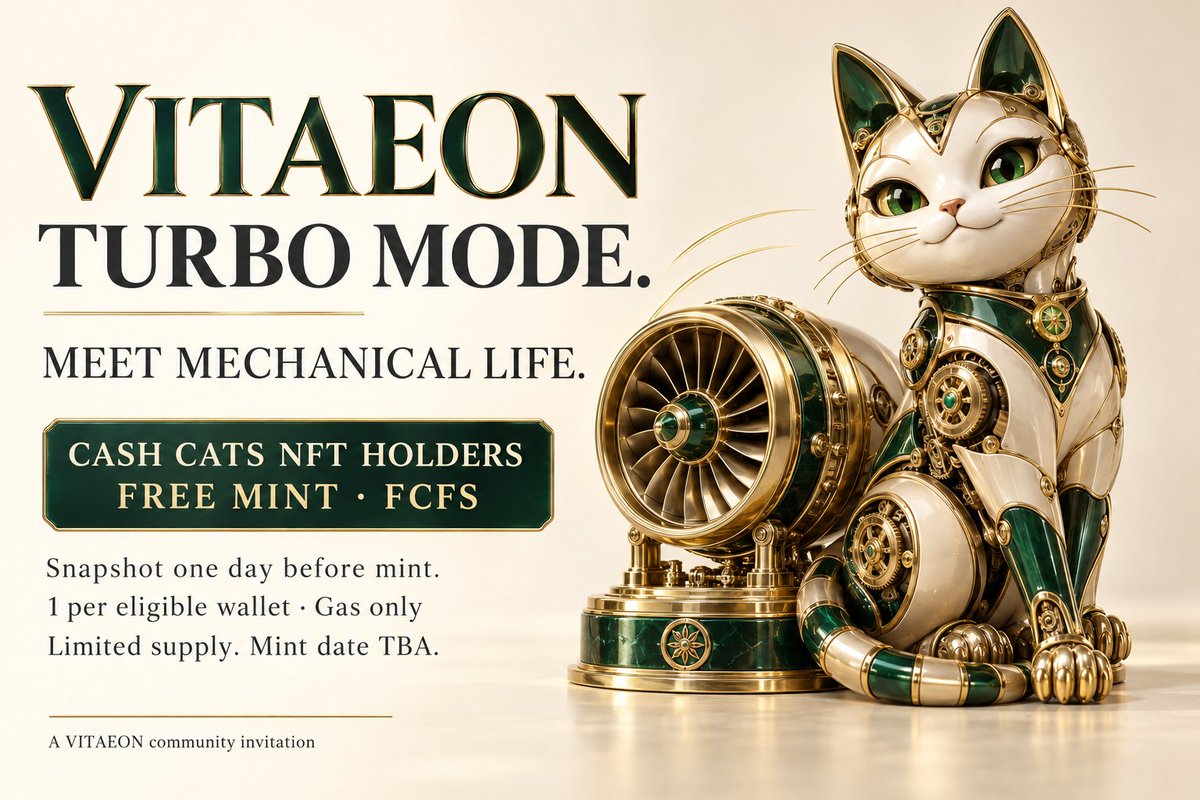 VitaeonNFT's tweet photo. @cashcatss Turbo cat meets mechanical life 🐱⚙️

Cash Cats NFT holders get automatic eligibility for VITAEON’s FREE FCFS mint via a snapshot one day before mint.

1 per eligible wallet. Gas only. Limited supply, first come, first served.

Mint date TBA. https://t.co/klc6c9SE5n