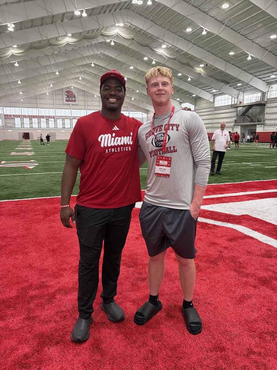 JakeWLong2028's tweet photo. Had a great game day visit at Miami. Awesome staff and facilities, thanks Coach Martin and Coach Dunning. @CoachZeek_ @Martin_Miami_HC @MiamiOHFootball @GCFBRecruiting https://t.co/kY2DROCvjg