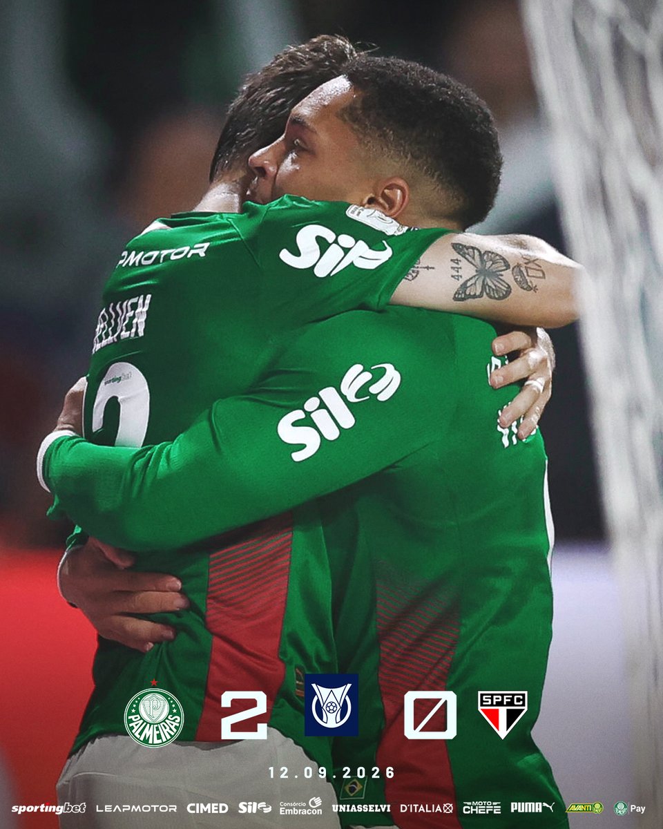 Palmeiras's tweet photo. PALMEEEEEEEEEEEEEEIRAS! NOITE ALVIVERDE NO NUBANK PARQUE PARA CARIMBAR A 7ª VITÓRIA SEGUIDA NO CHOQUE-REI! 🟢⚪🐷

🏆 Palmeiras 2x0 São Paulo
⚽ Murilo e Vitor Roque

#FimDeJogoSEP #PALxSAO https://t.co/psF685aXUk
