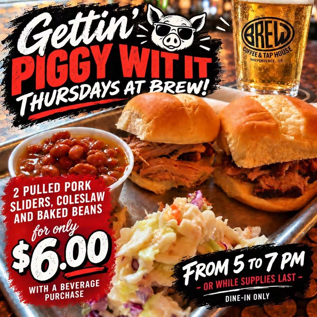 BrewCoffeeTap's tweet photo. Every Thursday!  We're Gettin' Piggy Wit It at Brew!🐷🔥

Come hungry from 5pm - 7pm for 2 pulled pork sliders, coleslaw and baked beans for just $6 with a beverage purchase.🍺  

Dine-in only, and when it's gone - it's gone!

Every Thursday - 5-7pm! https://t.co/t87VUPlbyp