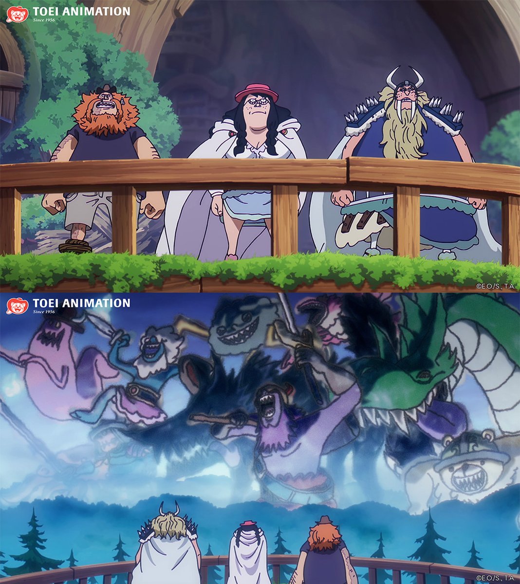 Split-panel image from \"ONE PIECE.\" Top: Saul, Ange, and Kiba stand on a balcony with worried expressions. Bottom: A horde of monsters that look like children's drawings looms over the horizon, with the backs of Saul, Ange, and Kiba in the foreground.